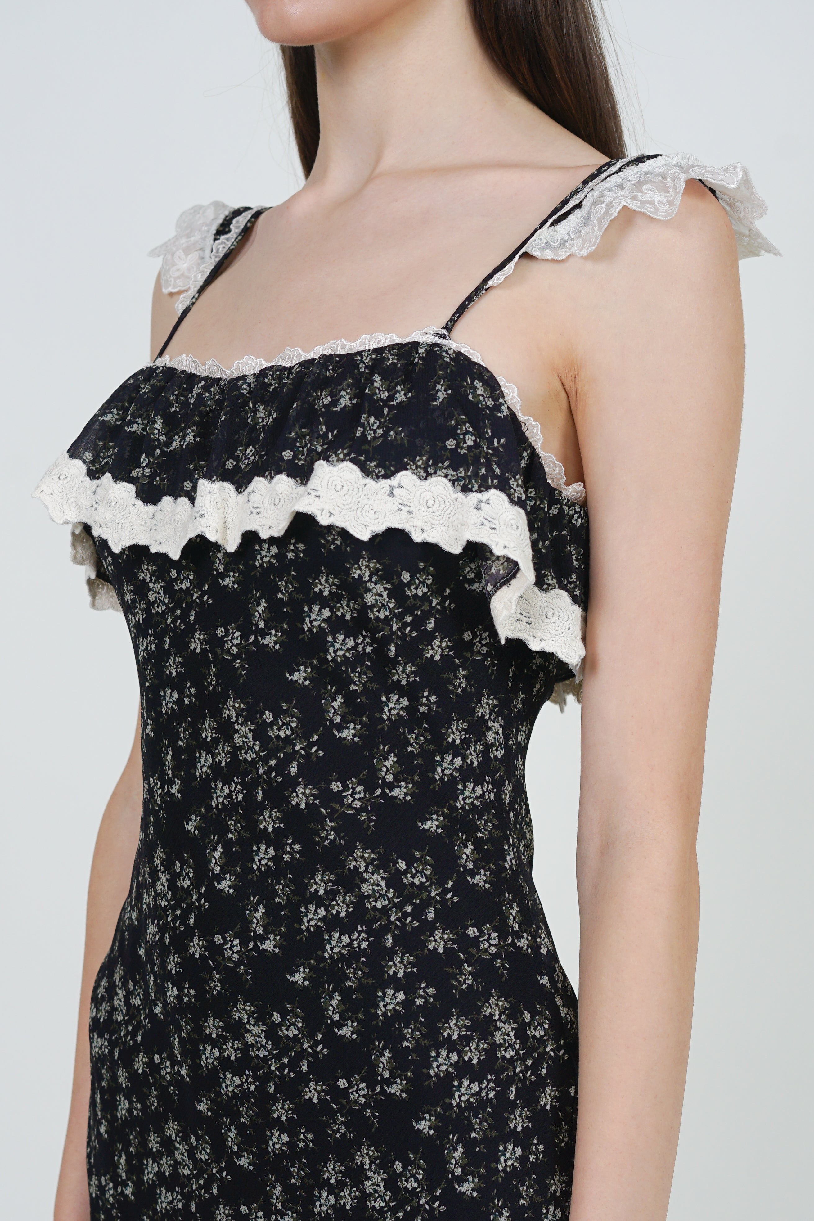 Cami Ruffled Midi Dress in Black Ditsy Floral