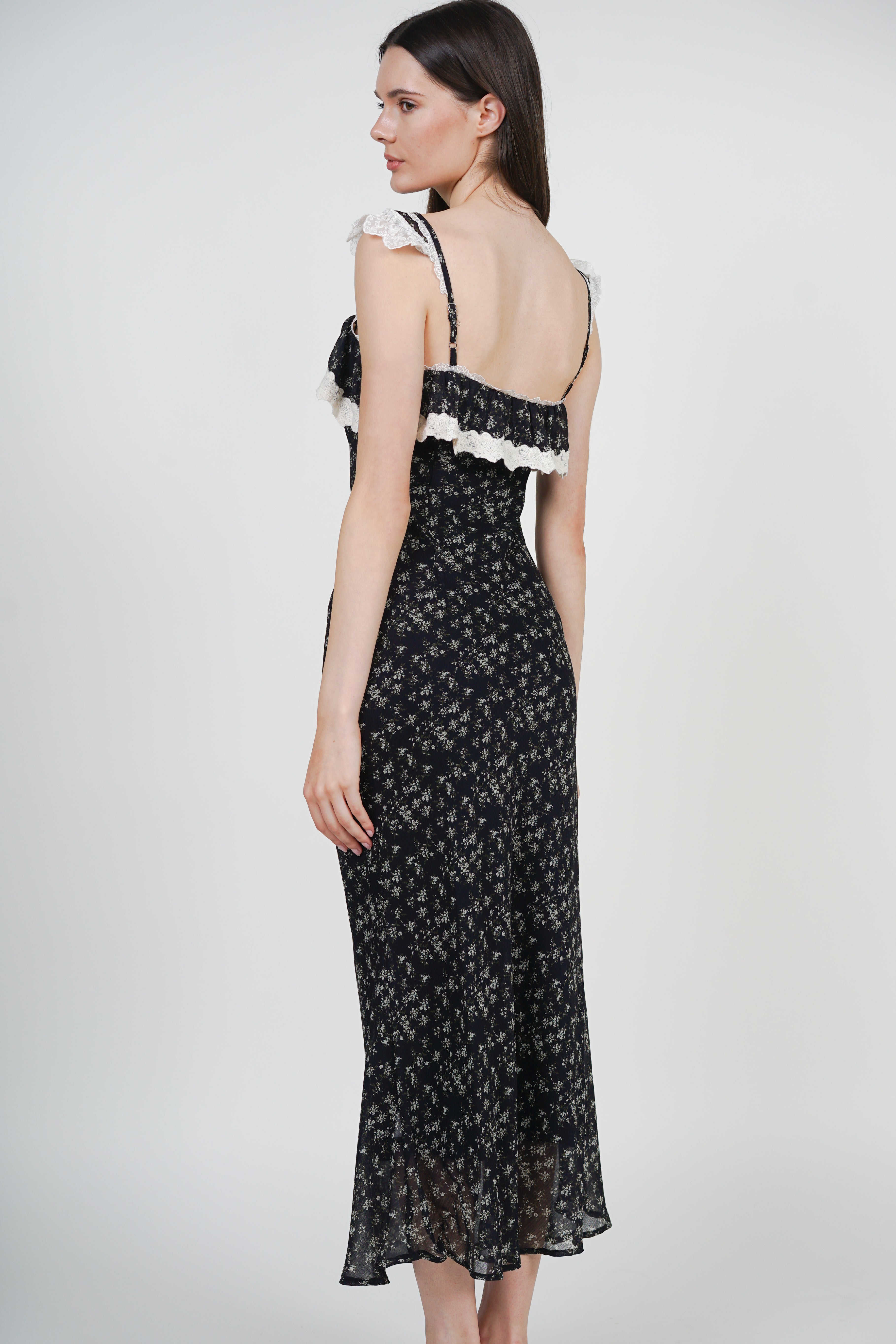 Cami Ruffled Midi Dress in Black Ditsy Floral