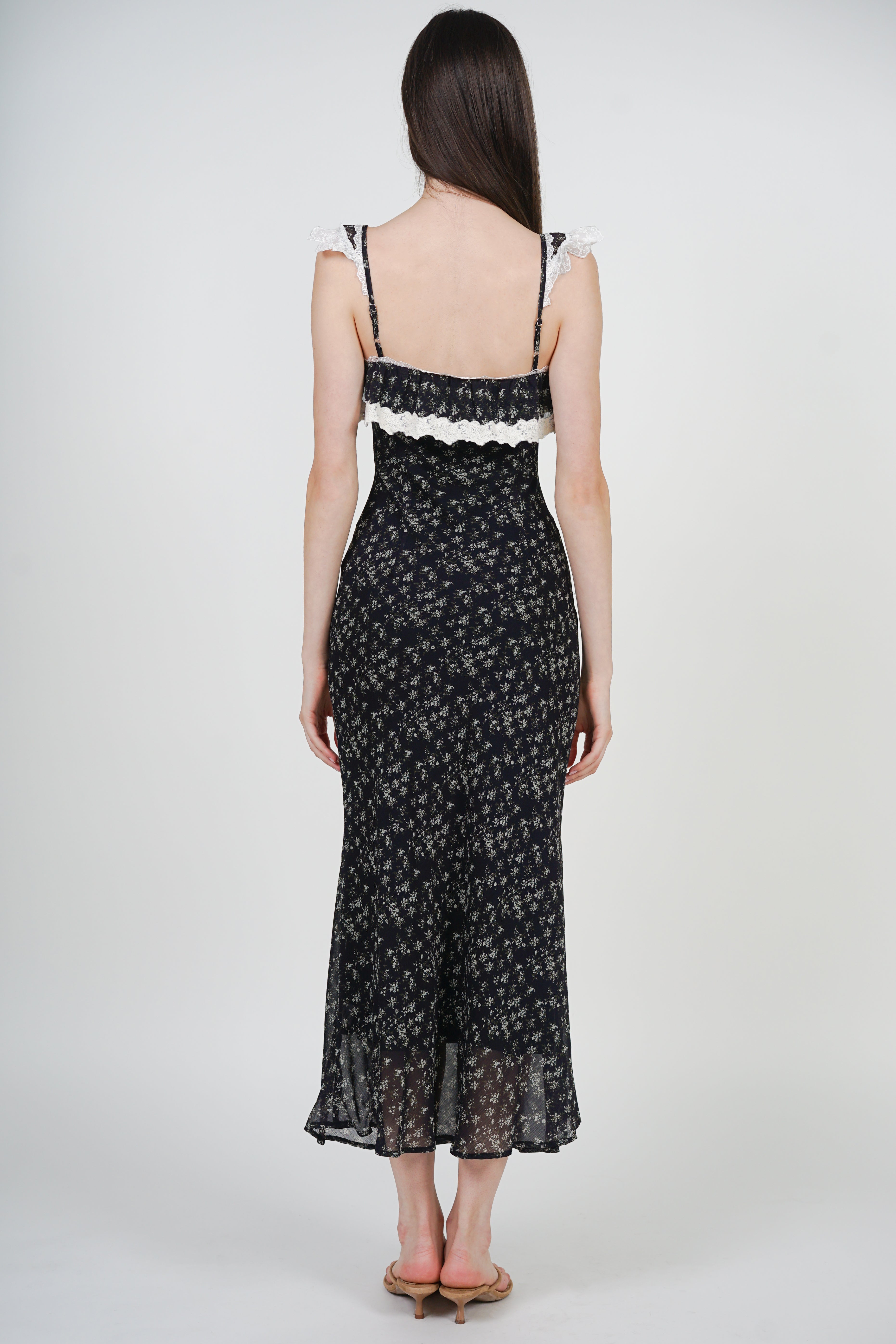 Cami Ruffled Midi Dress in Black Ditsy Floral