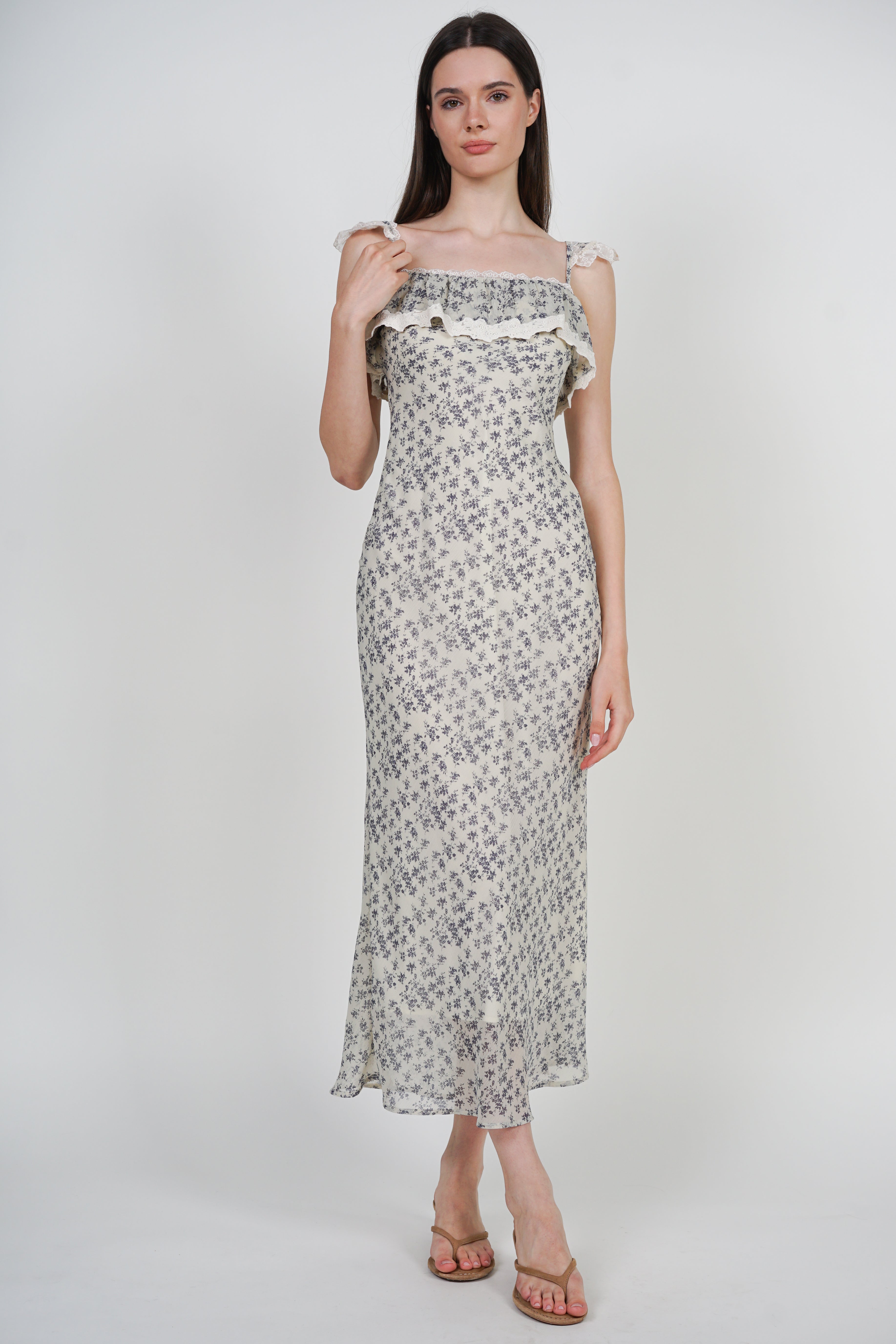 Cami Ruffled Midi Dress in White Ditsy Floral