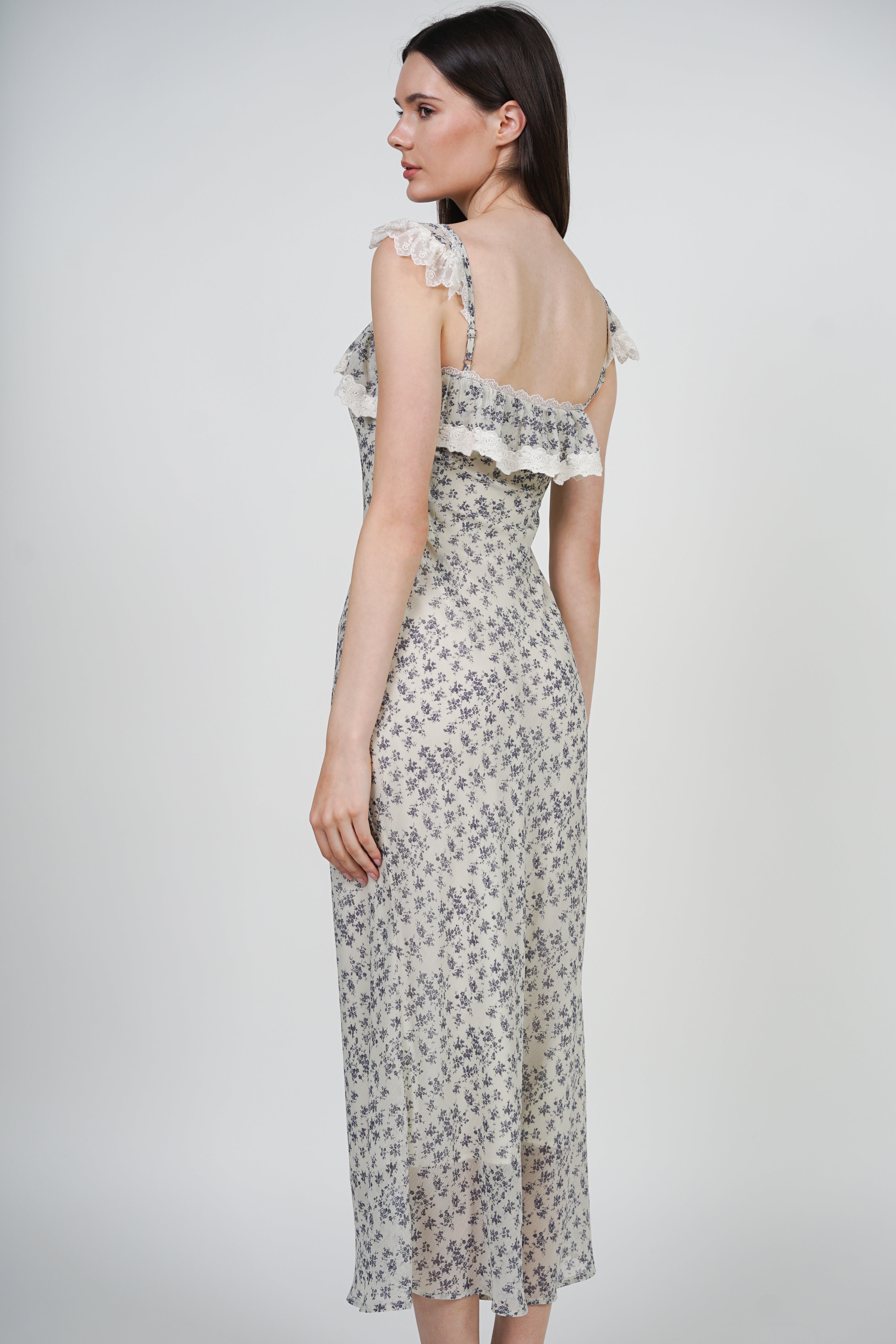 Cami Ruffled Midi Dress in White Ditsy Floral