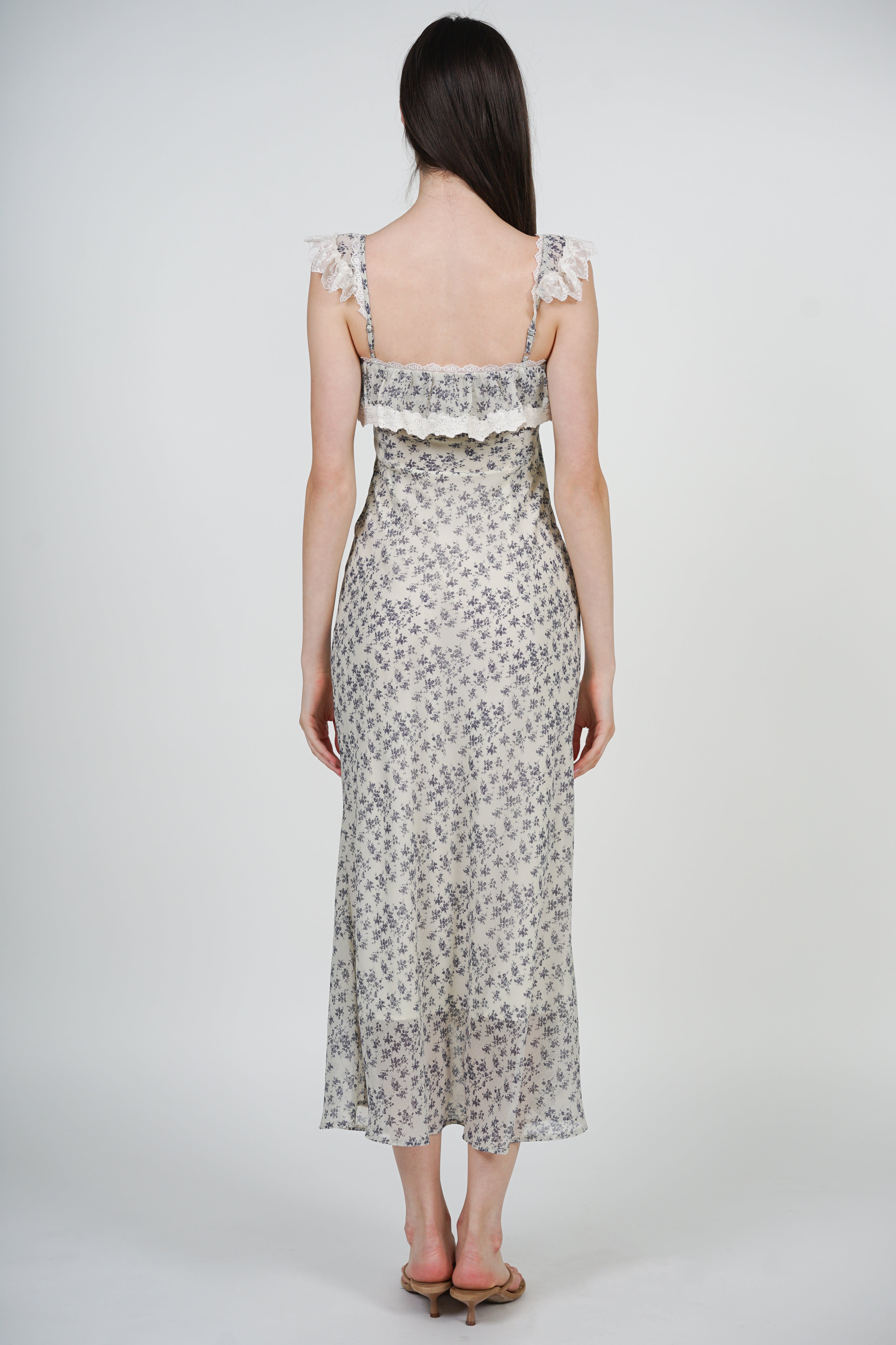 Cami Ruffled Midi Dress in White Ditsy Floral