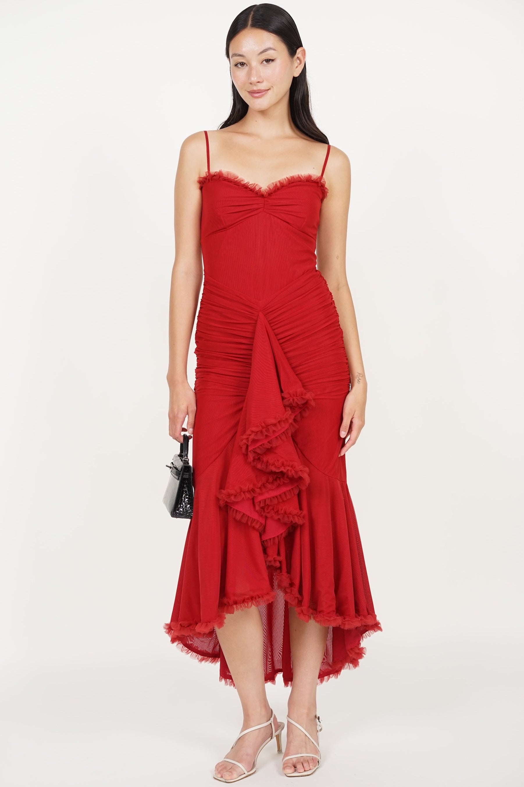 Ruffle Draped Dress in Red