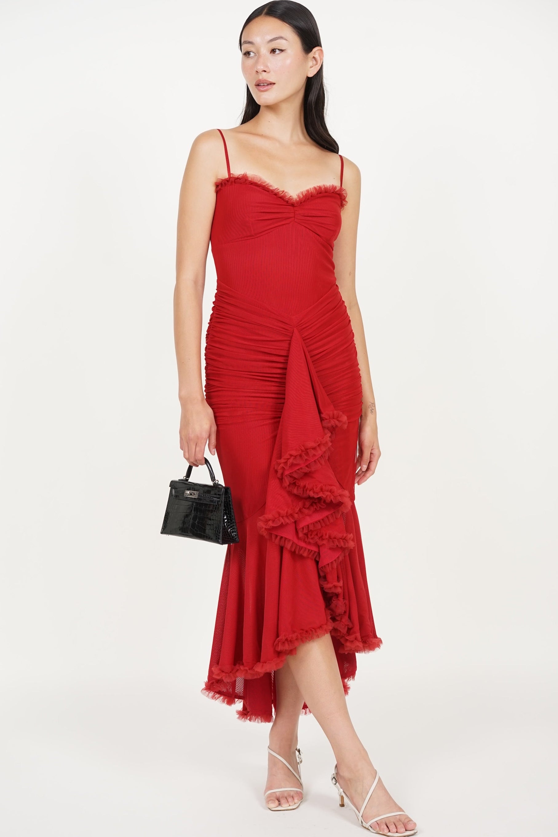 Ruffle Draped Dress in Red