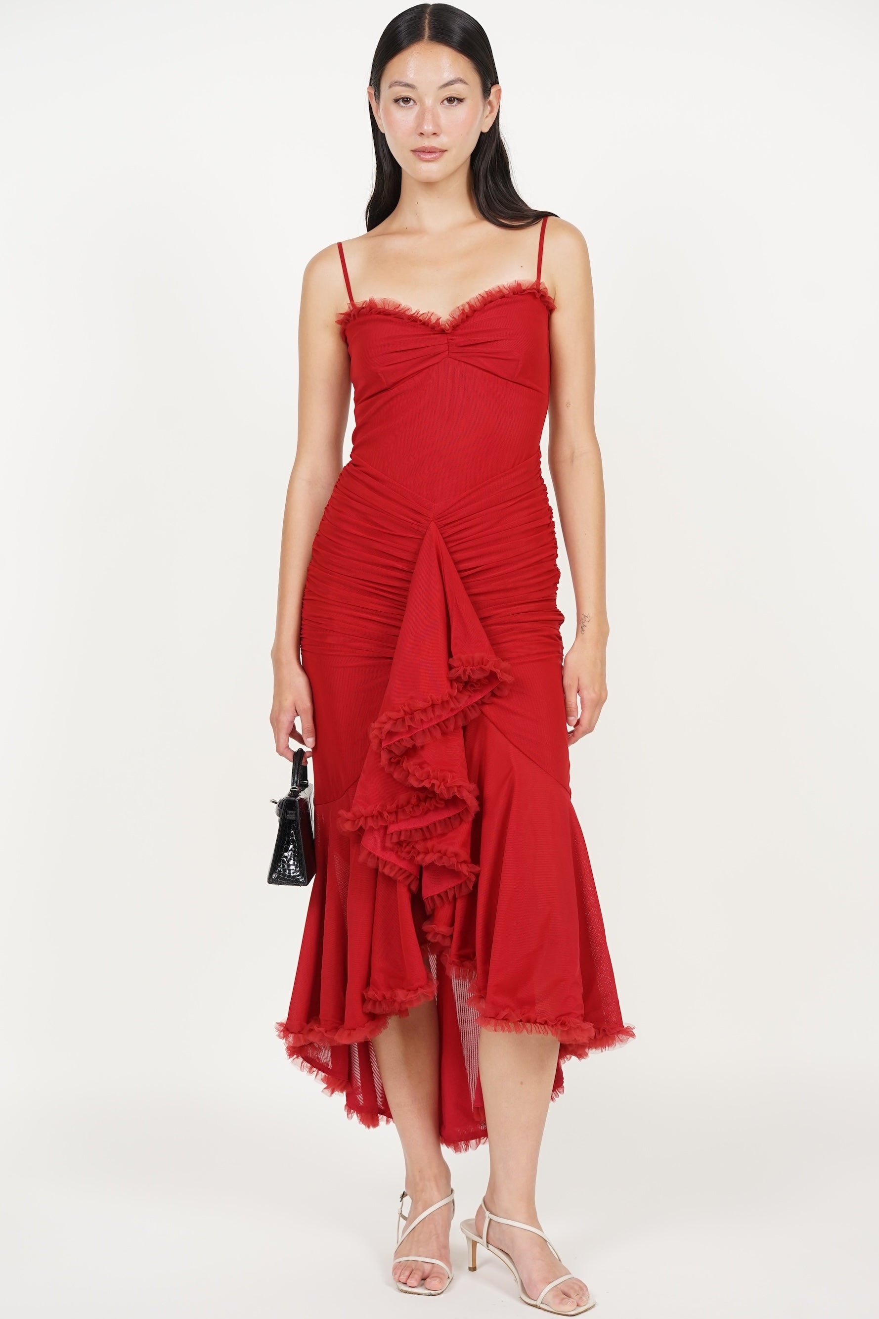 Ruffle Draped Dress in Red
