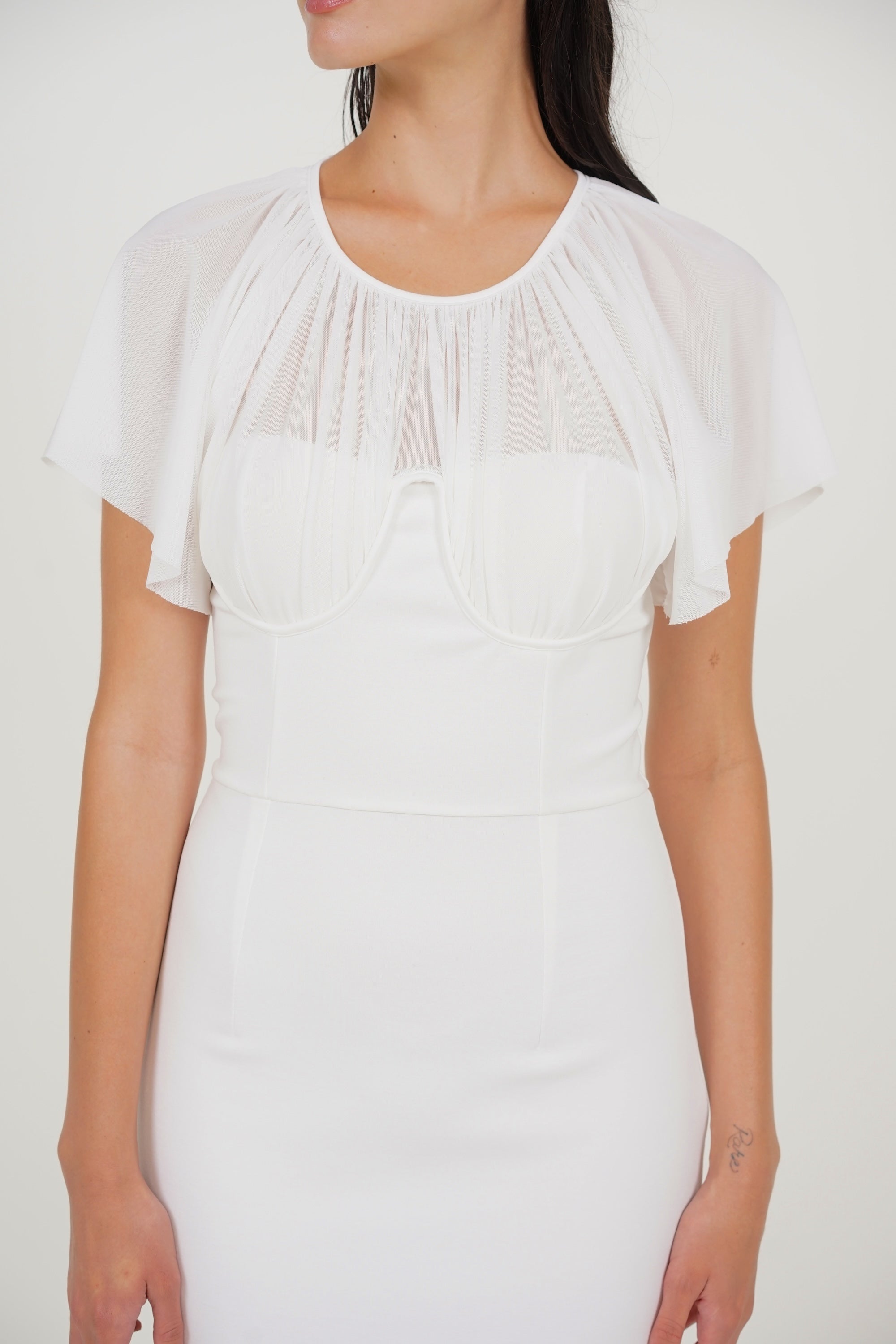 Mesh Overlay Midi Pencil Dress in White