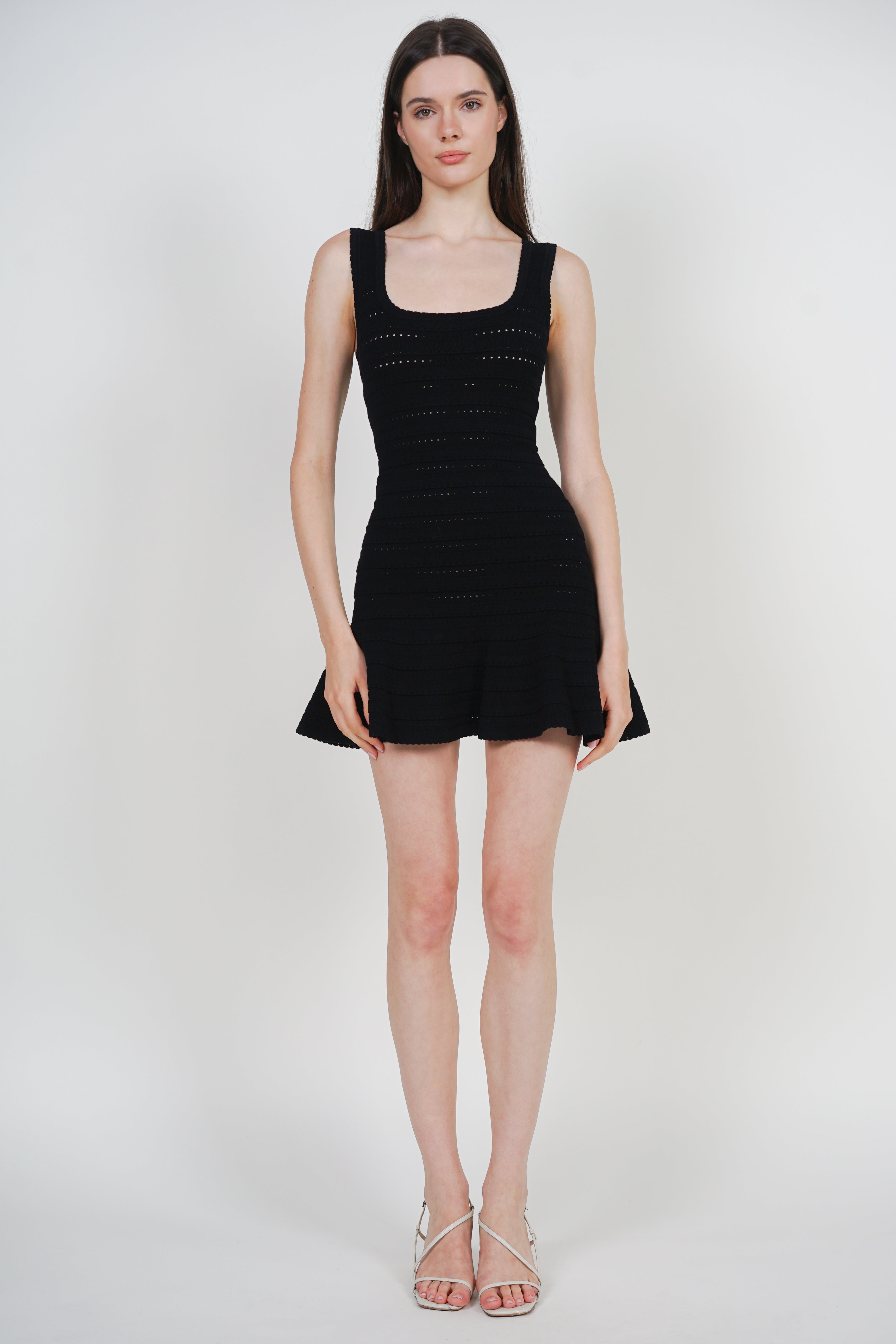 Pointelle Knit Ruffled Dress in Black