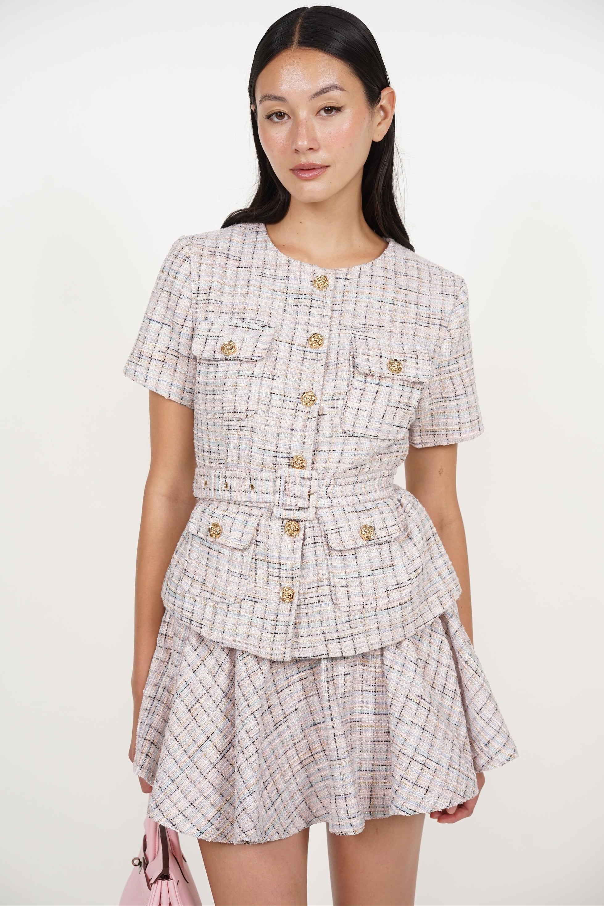 Peplum Button Tweed Top in Pink Blue