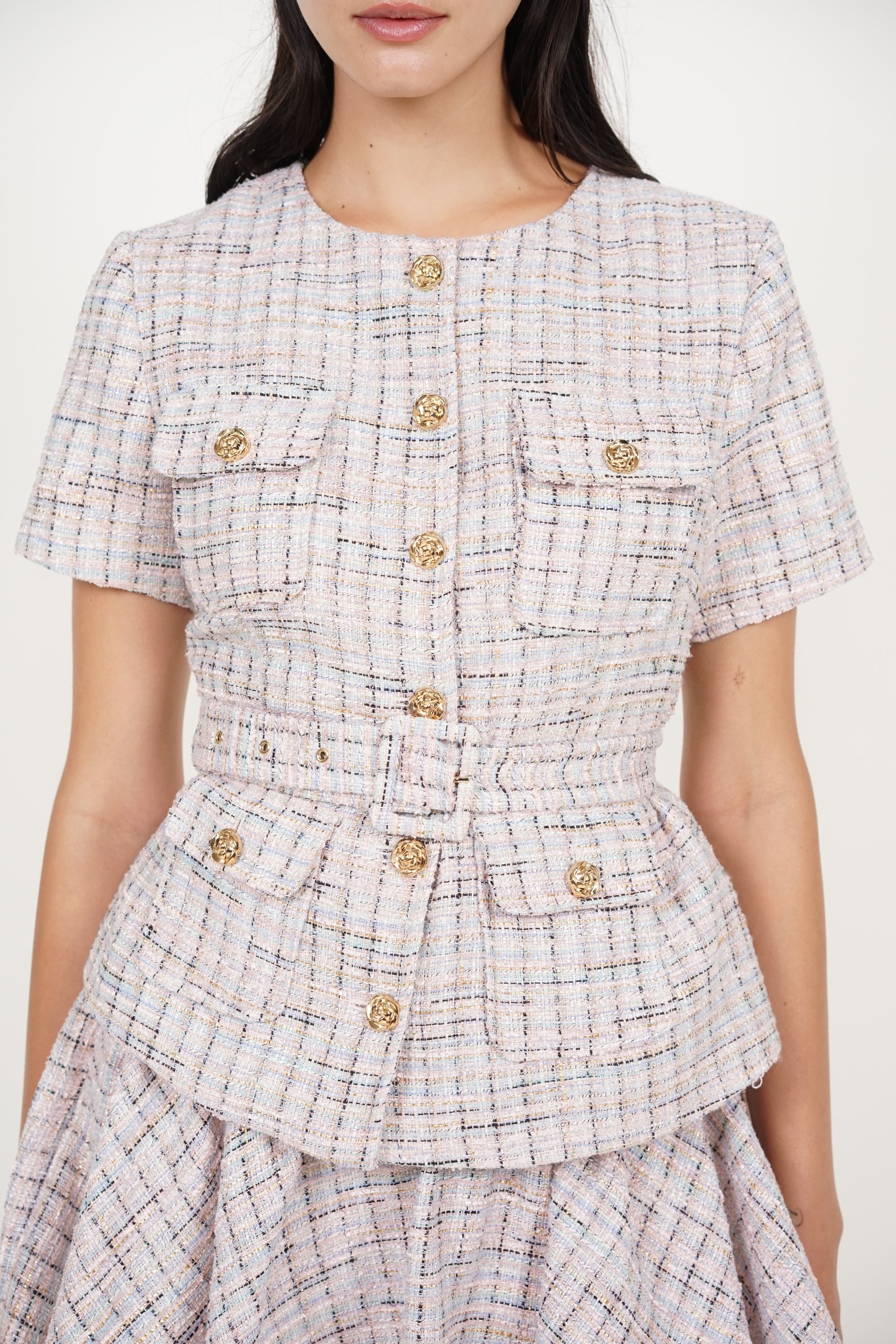 Peplum Button Tweed Top in Pink Blue