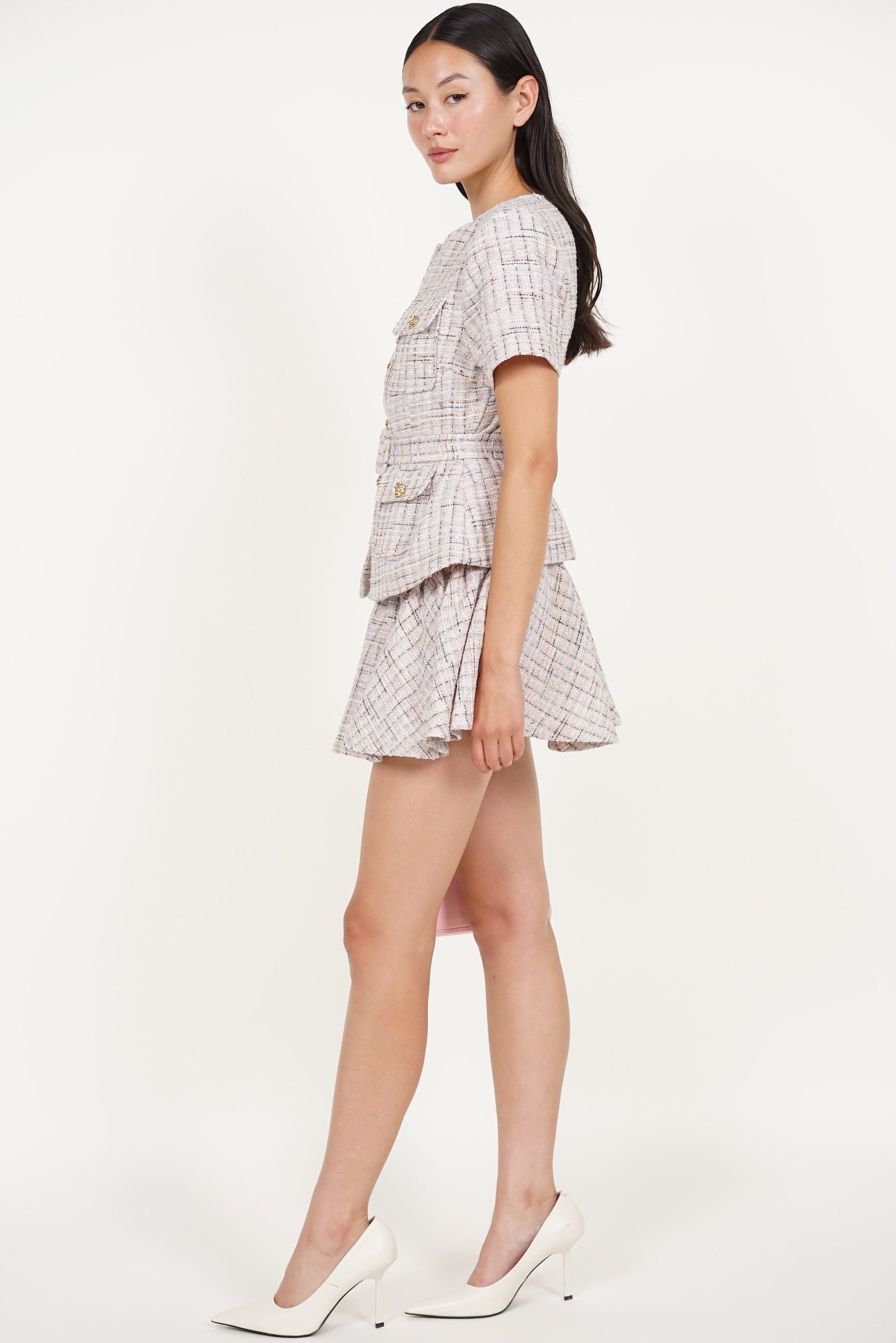 Peplum Button Tweed Top in Pink Blue