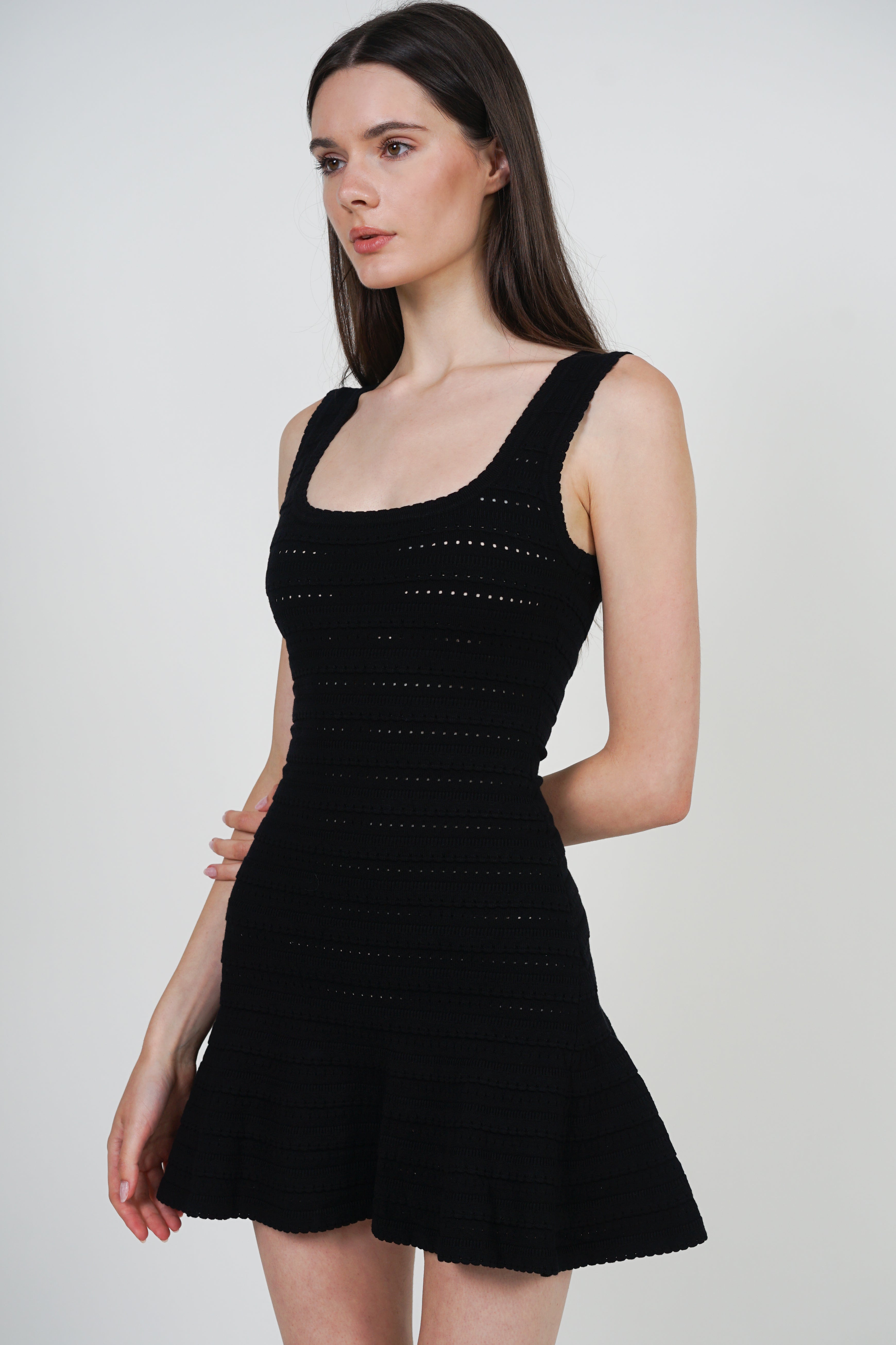 Pointelle Knit Ruffled Dress in Black