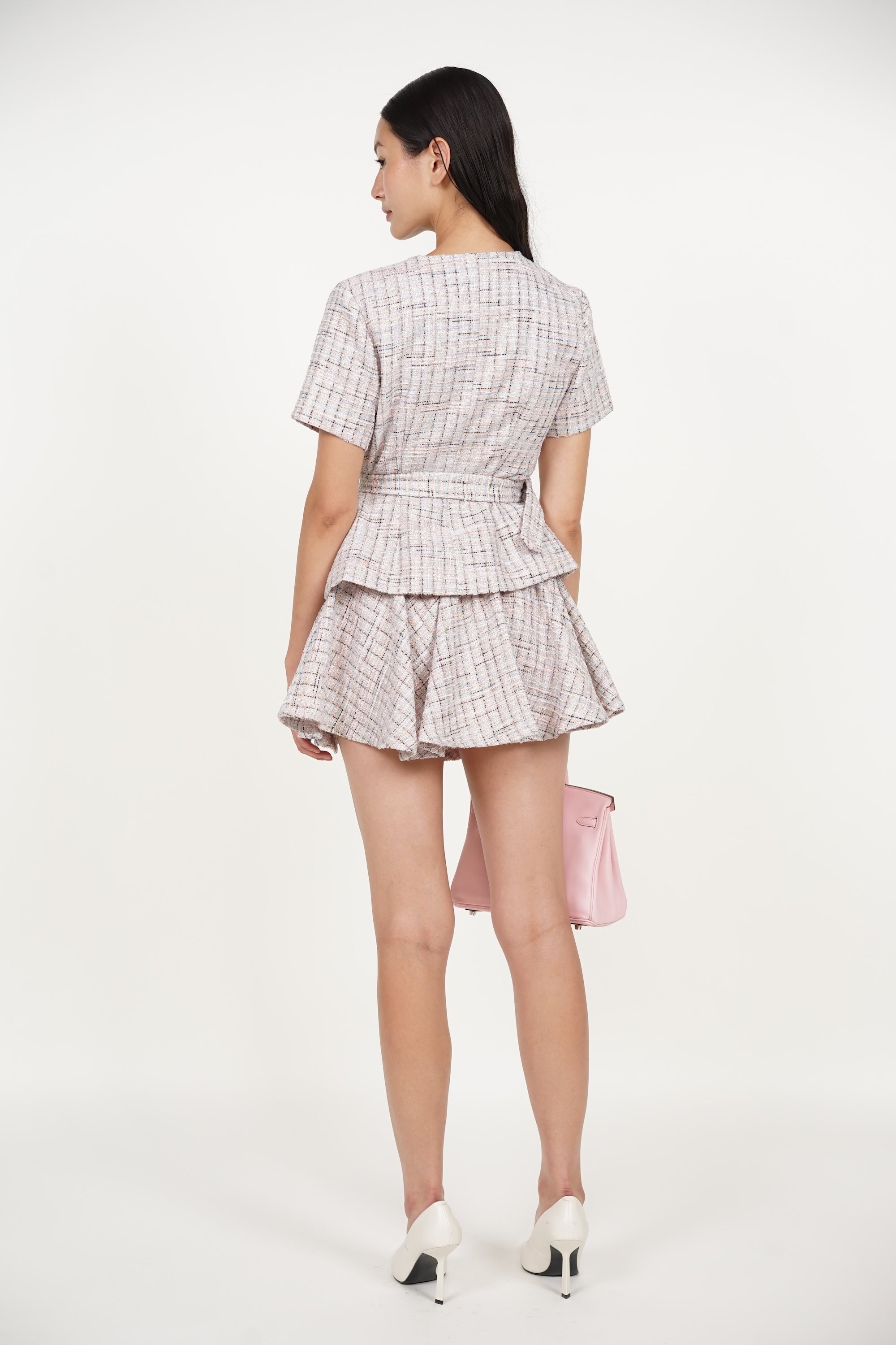 Peplum Button Tweed Top in Pink Blue