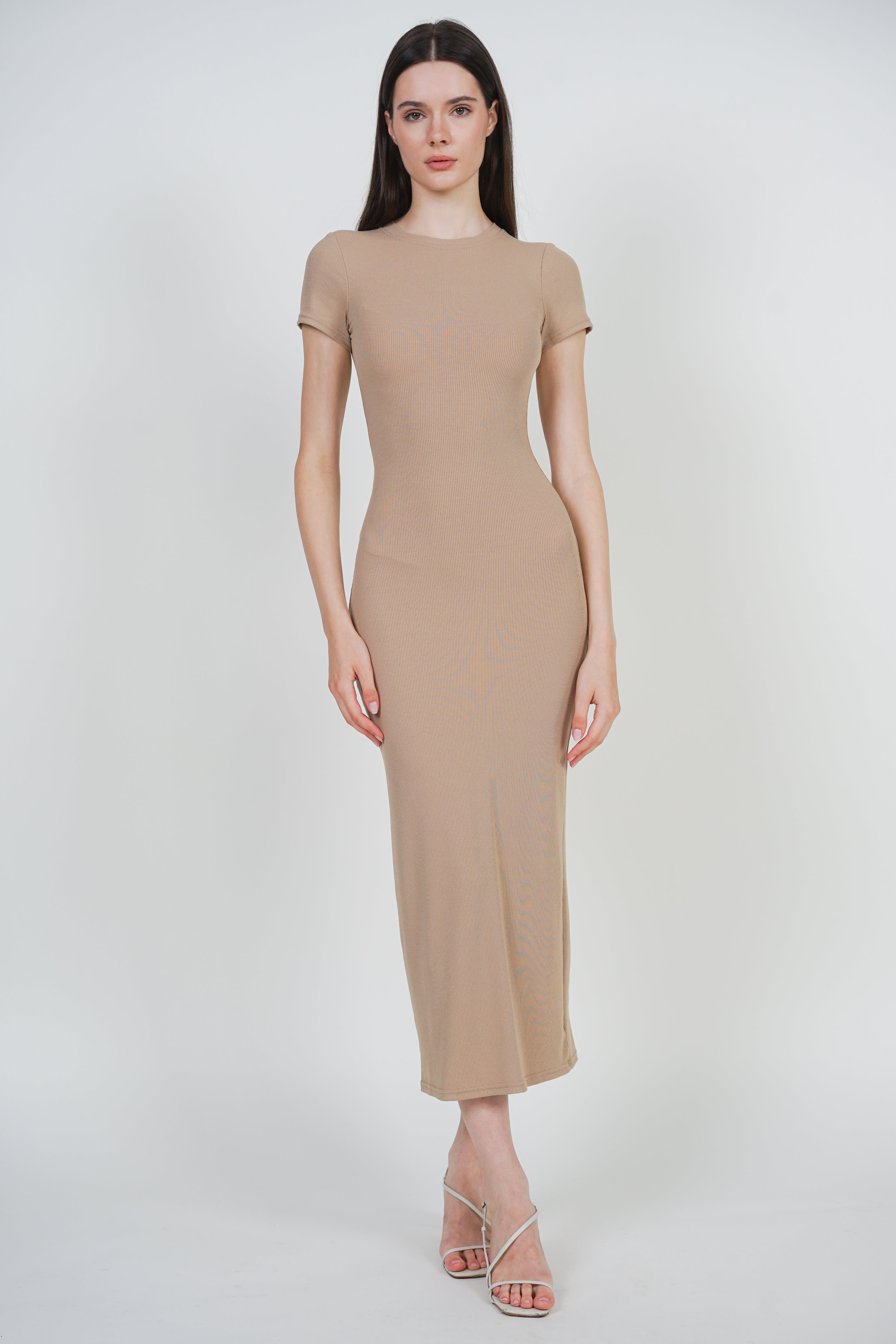 Bodycon Short Sleeve Dress in Camel