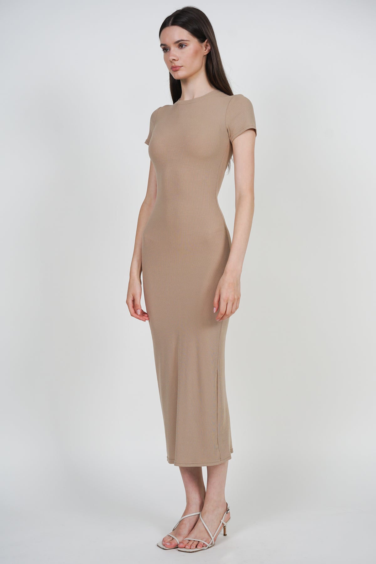 Bodycon Short Sleeve Dress in Camel