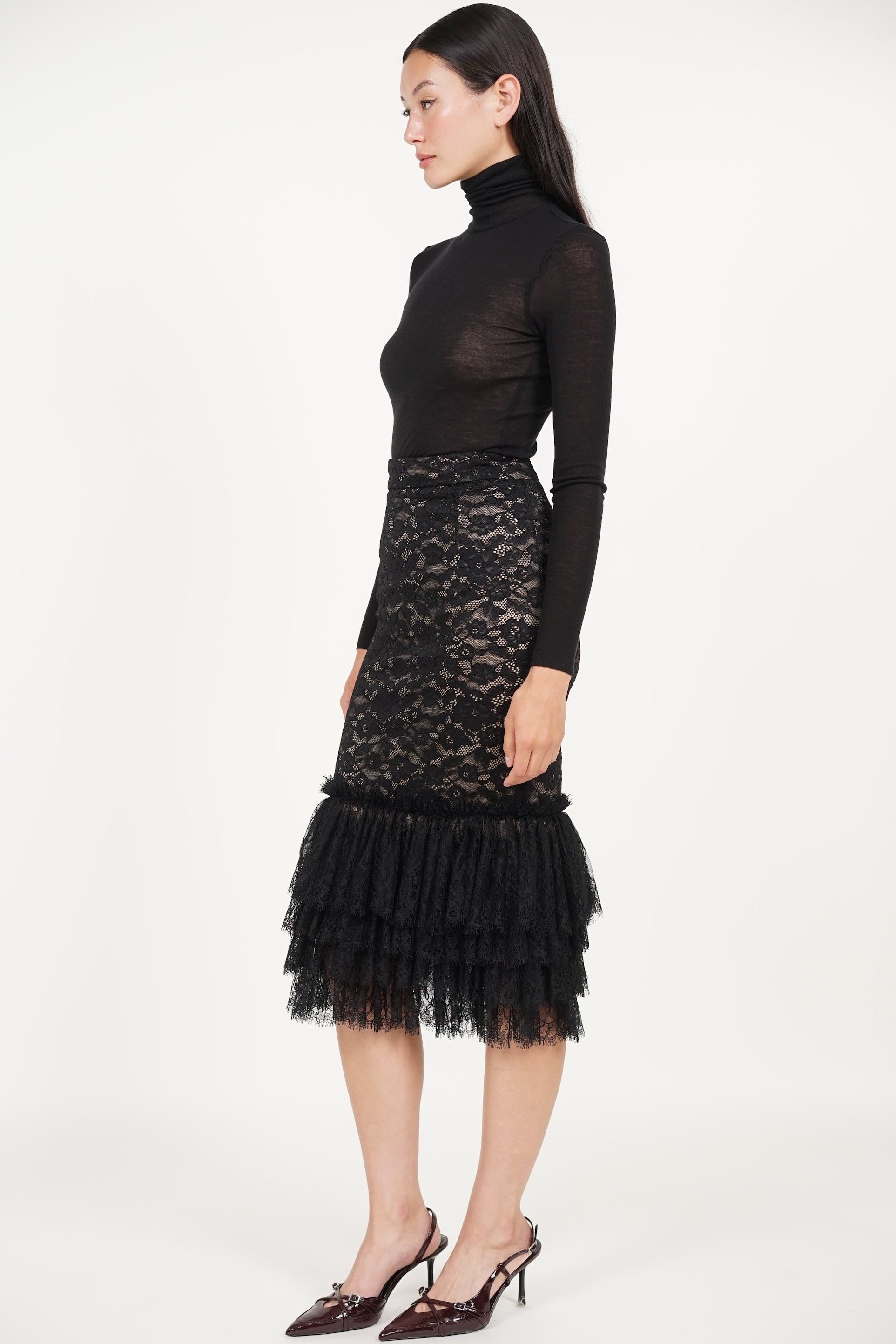 Mermaid Tiered Skirt in Black Lace