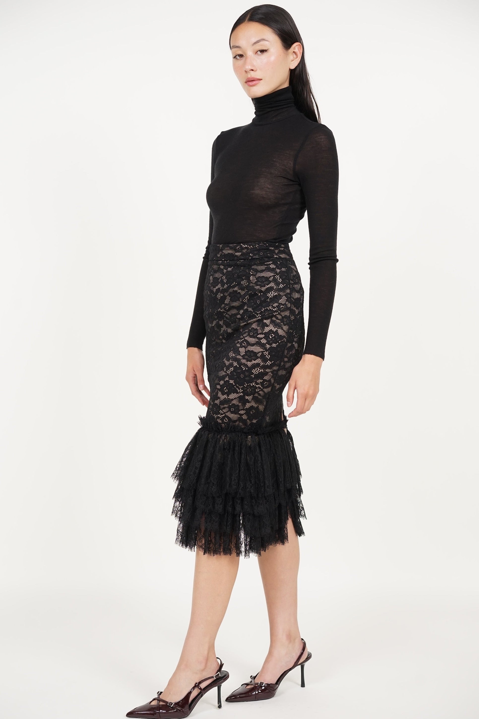 Mermaid Tiered Skirt in Black Lace