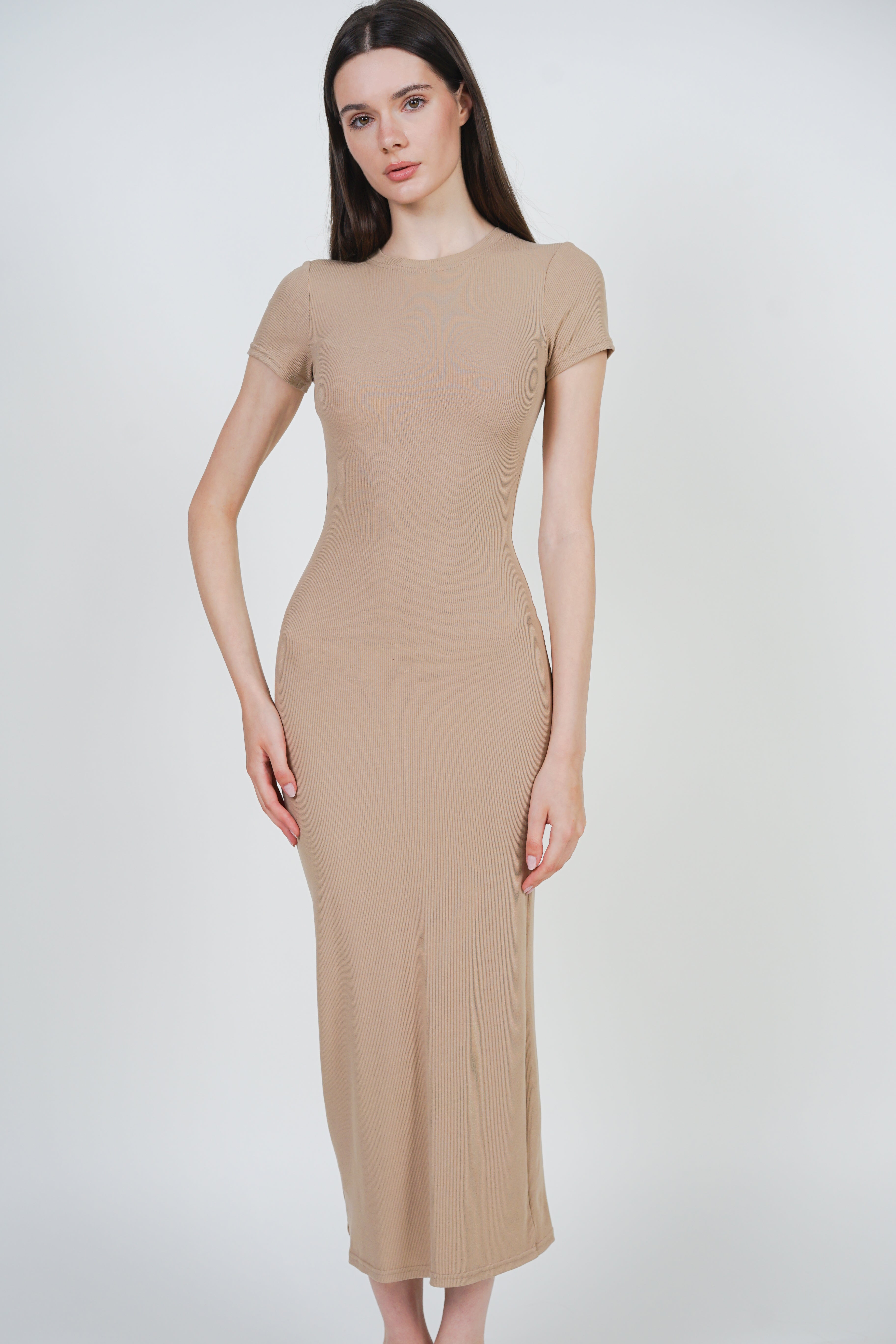 Bodycon Short Sleeve Dress in Camel
