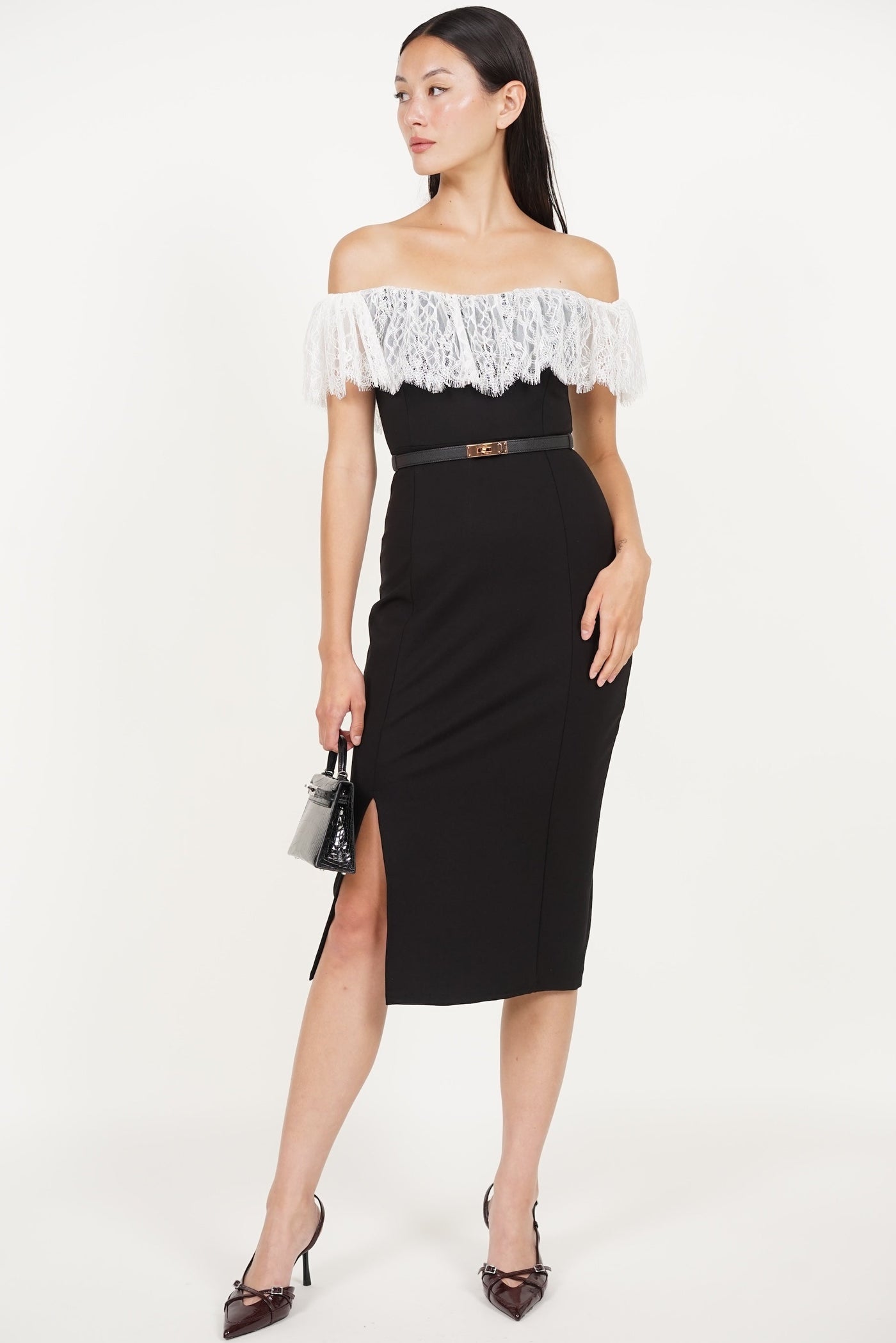 Off-Shoulder Dress in Black White Lace