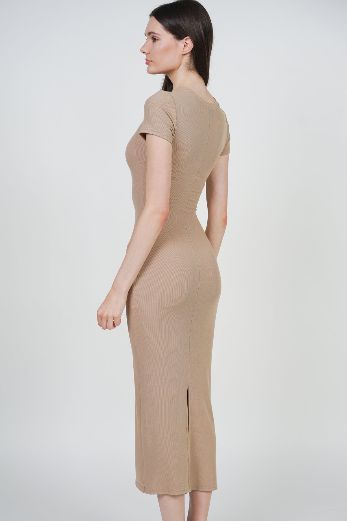 Bodycon Short Sleeve Dress in Camel