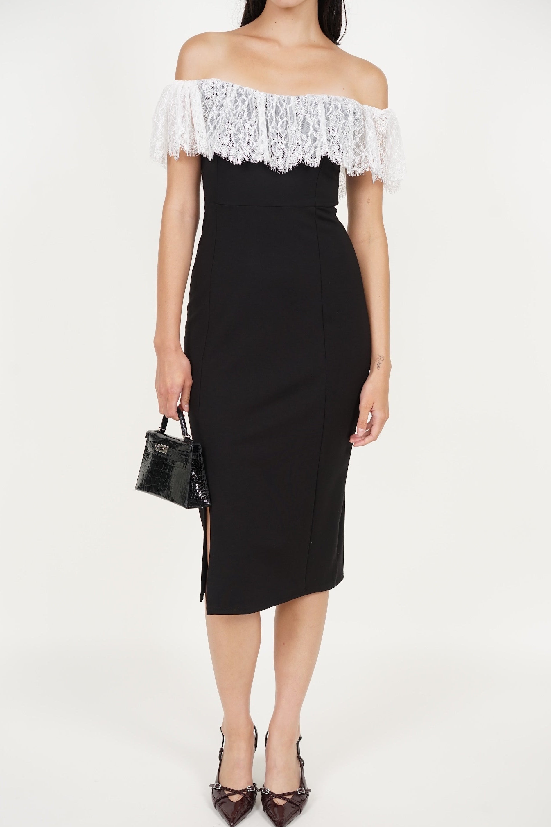 COMING SOON - Off-Shoulder Dress in Black White Lace