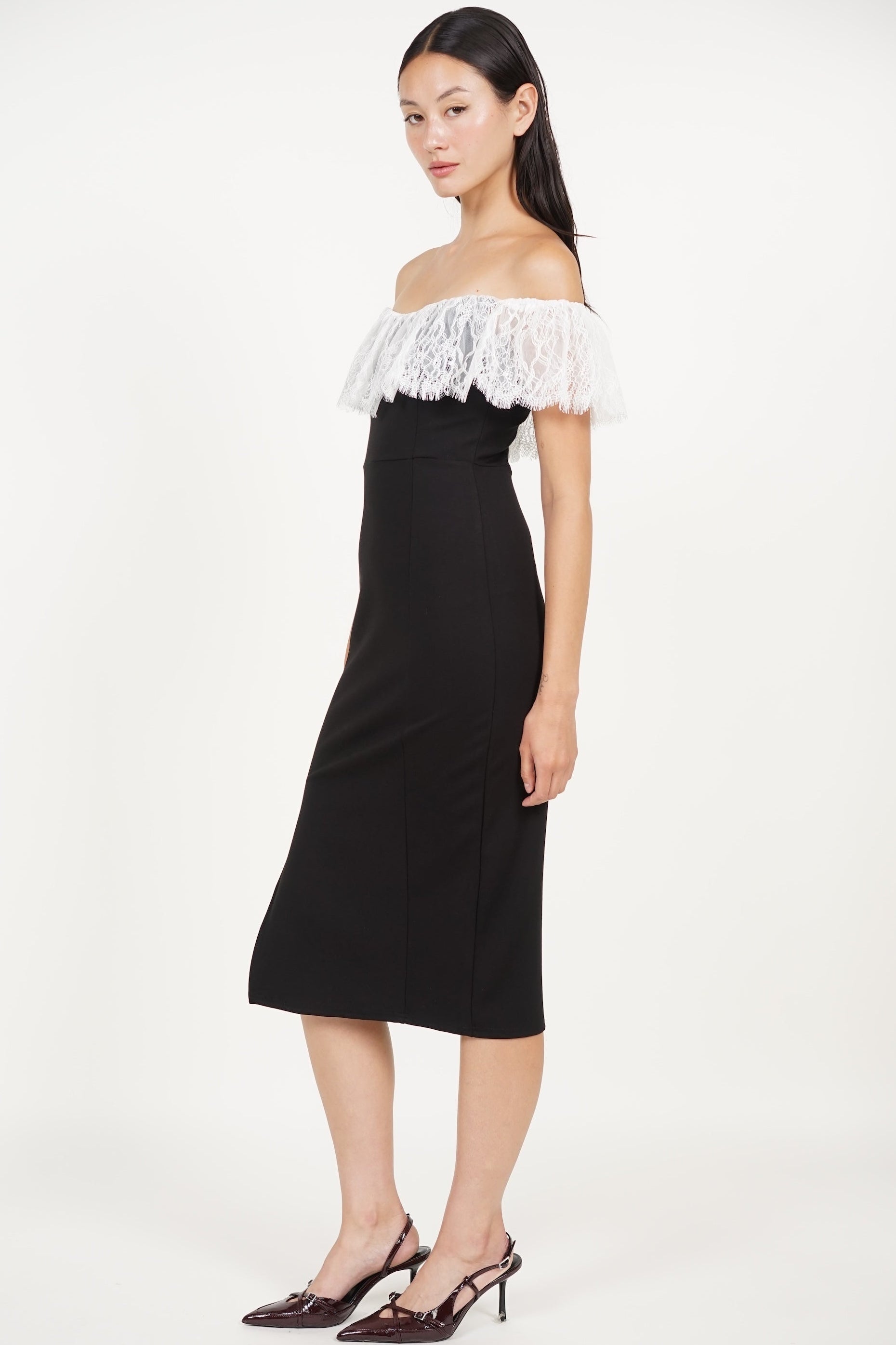 COMING SOON - Off-Shoulder Dress in Black White Lace