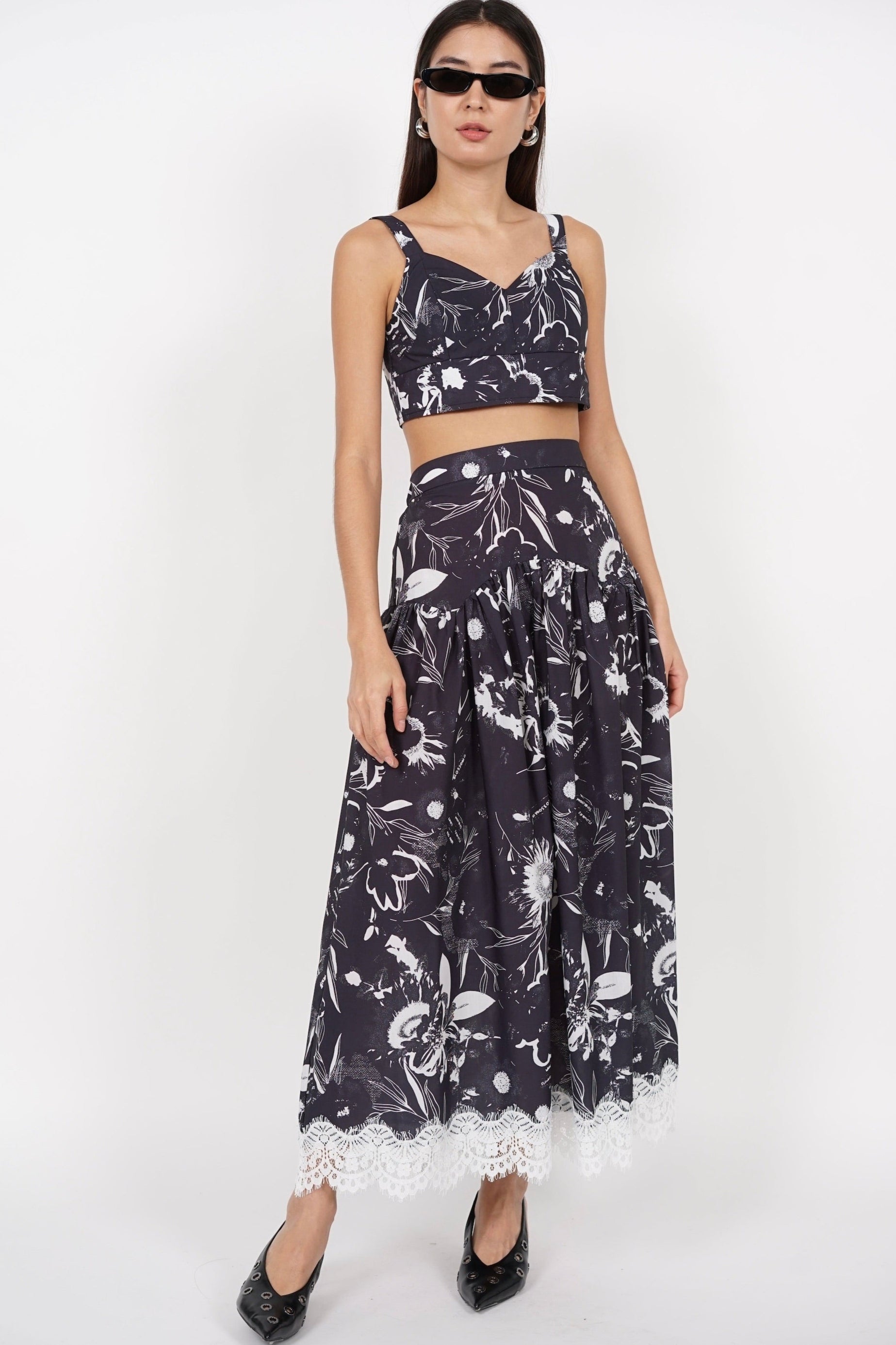 Padded Crop Top in Black Floral
