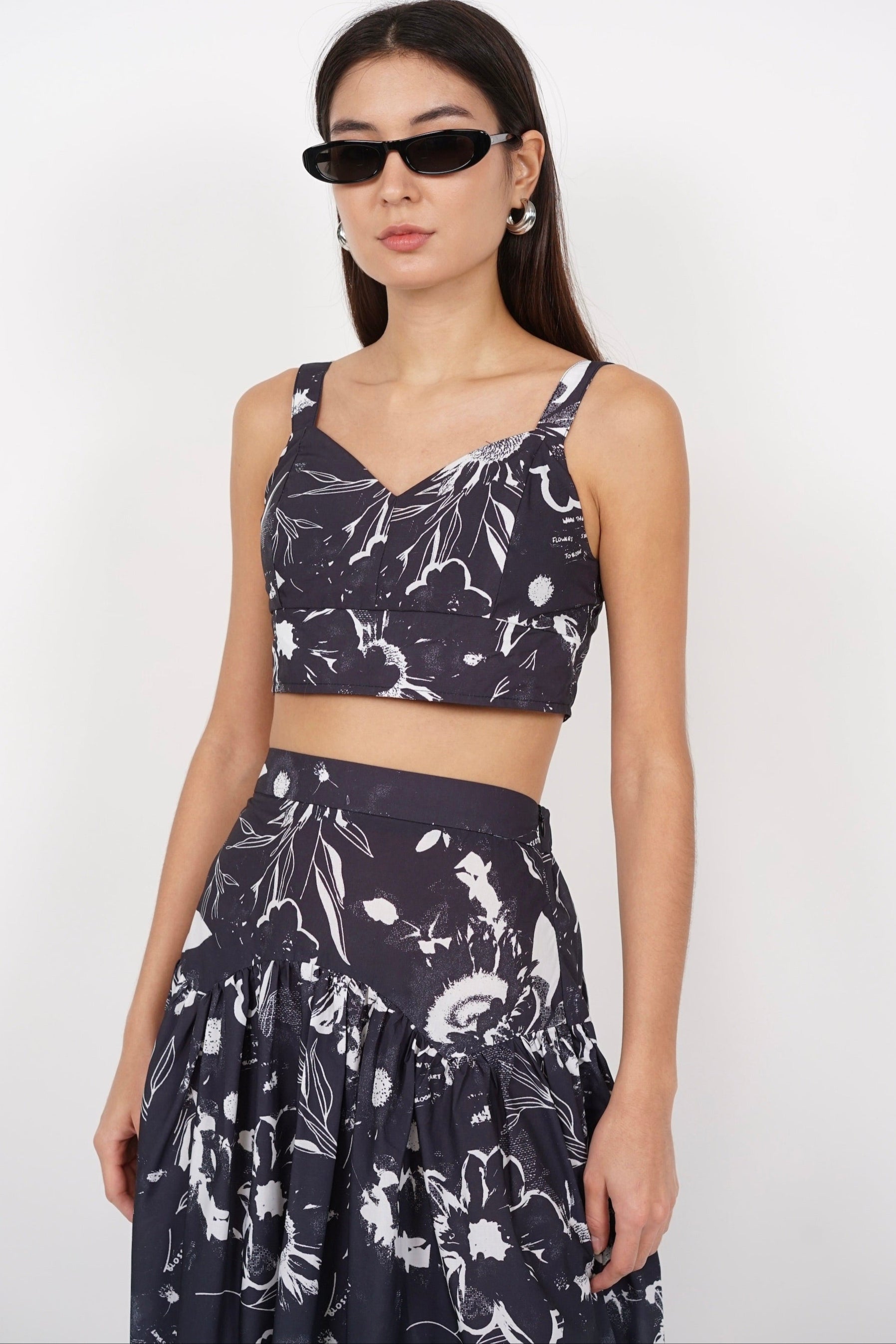 Padded Crop Top in Black Floral