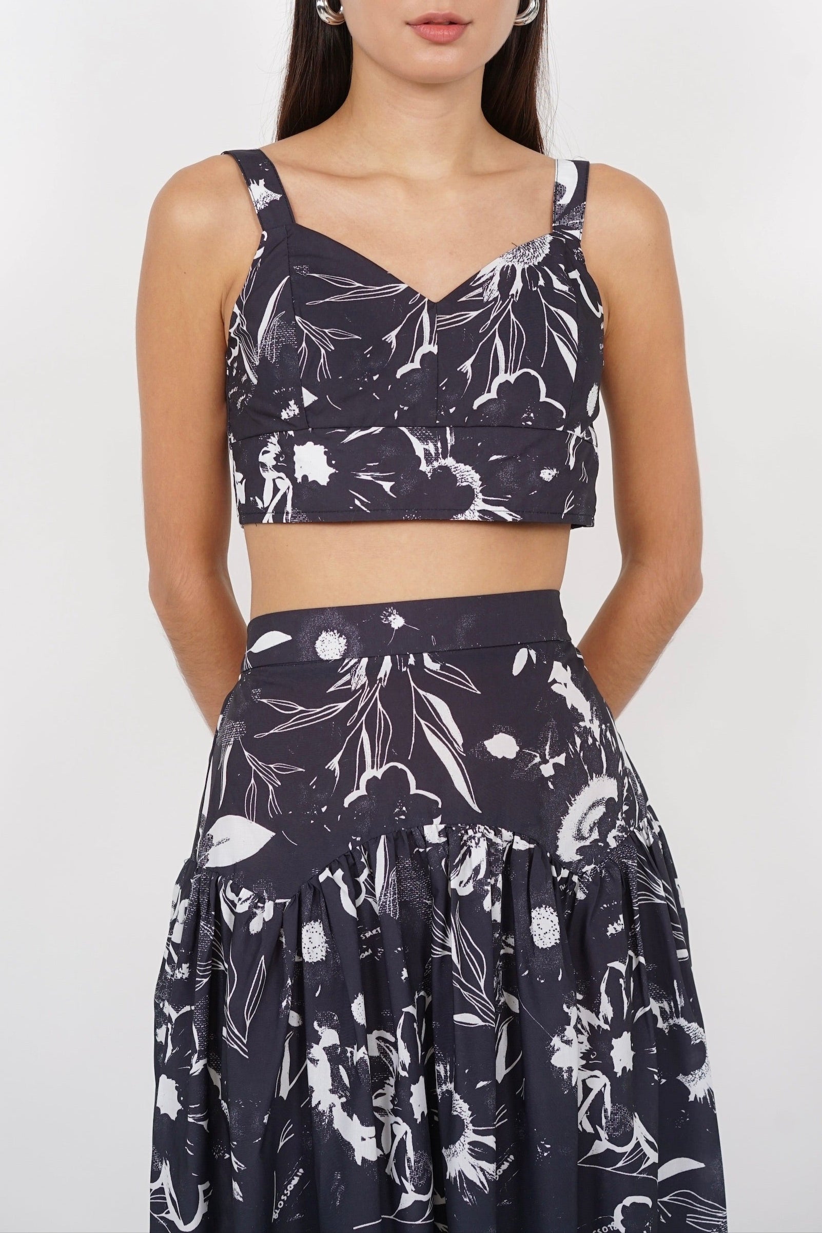 Padded Crop Top in Black Floral