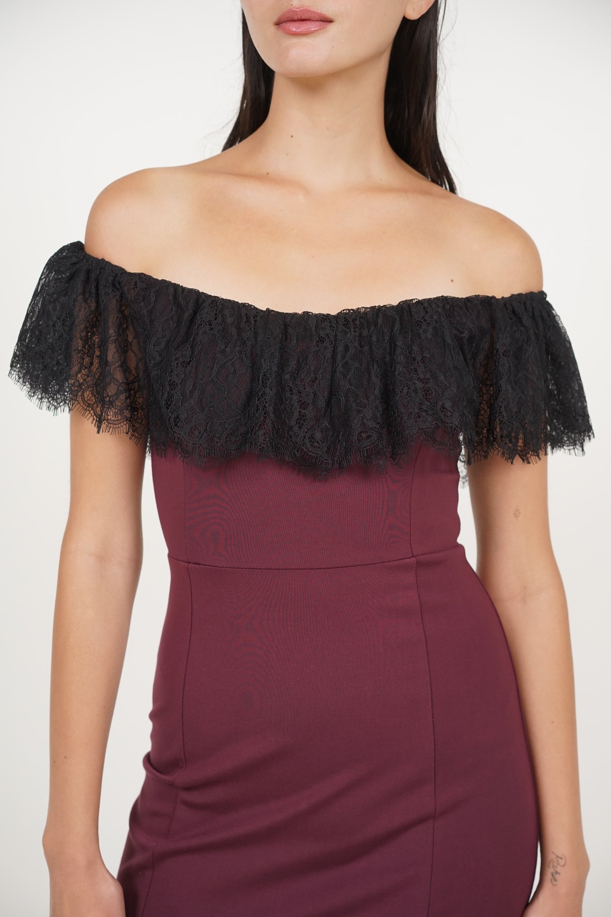 COMING SOON - Off-Shoulder Dress in Burgundy Black Lace