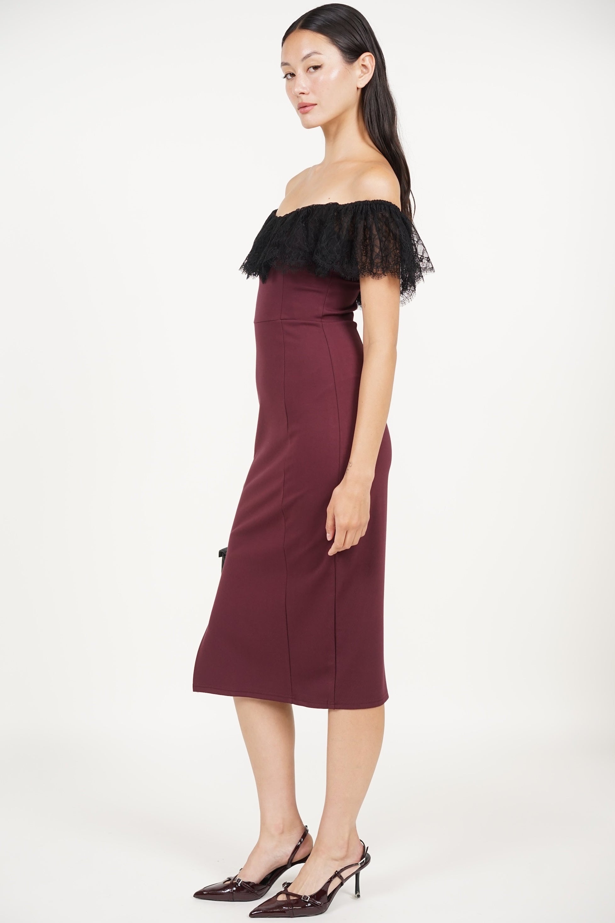 COMING SOON - Off-Shoulder Dress in Burgundy Black Lace