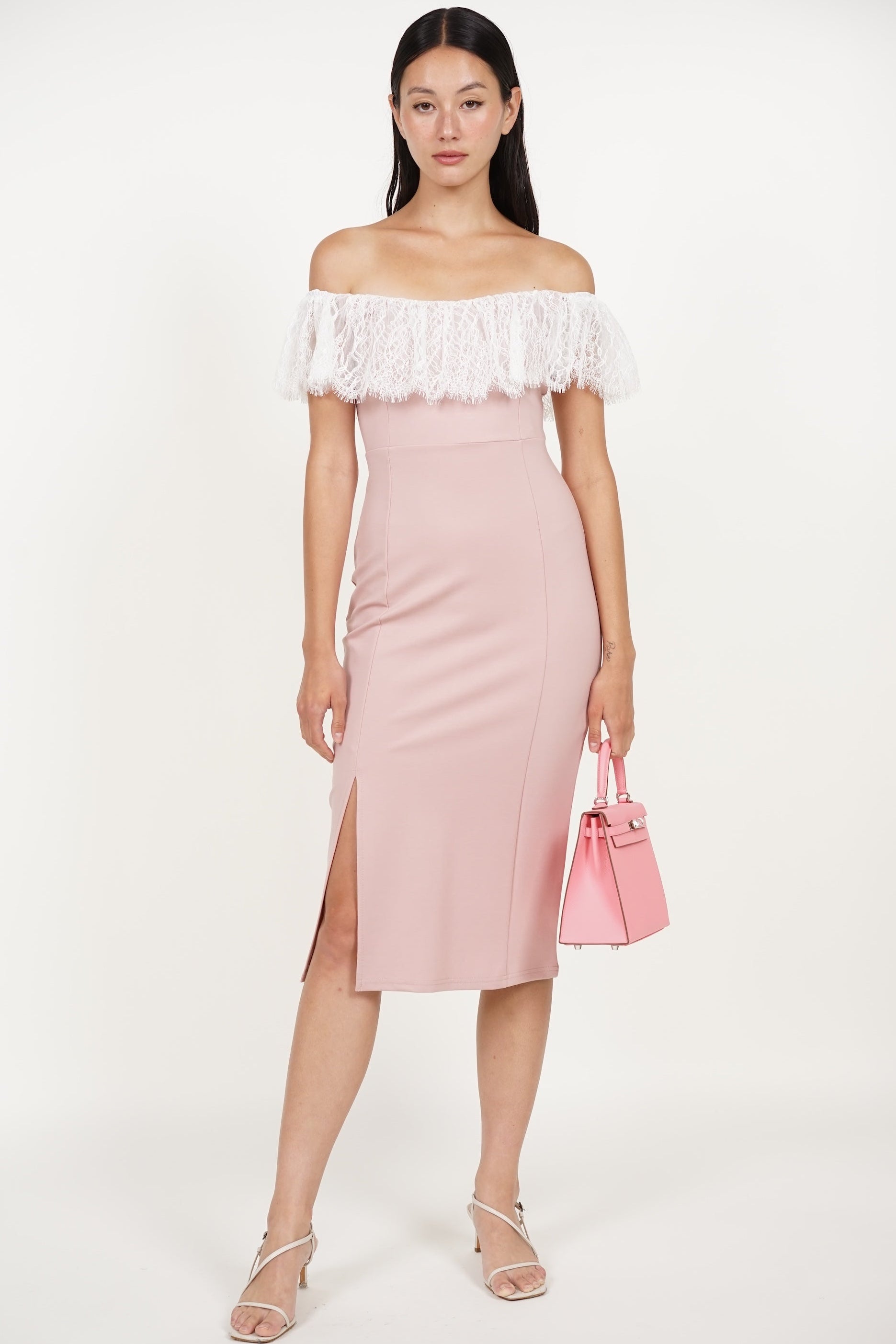 COMING SOON - Off-Shoulder Dress in Pink White Lace