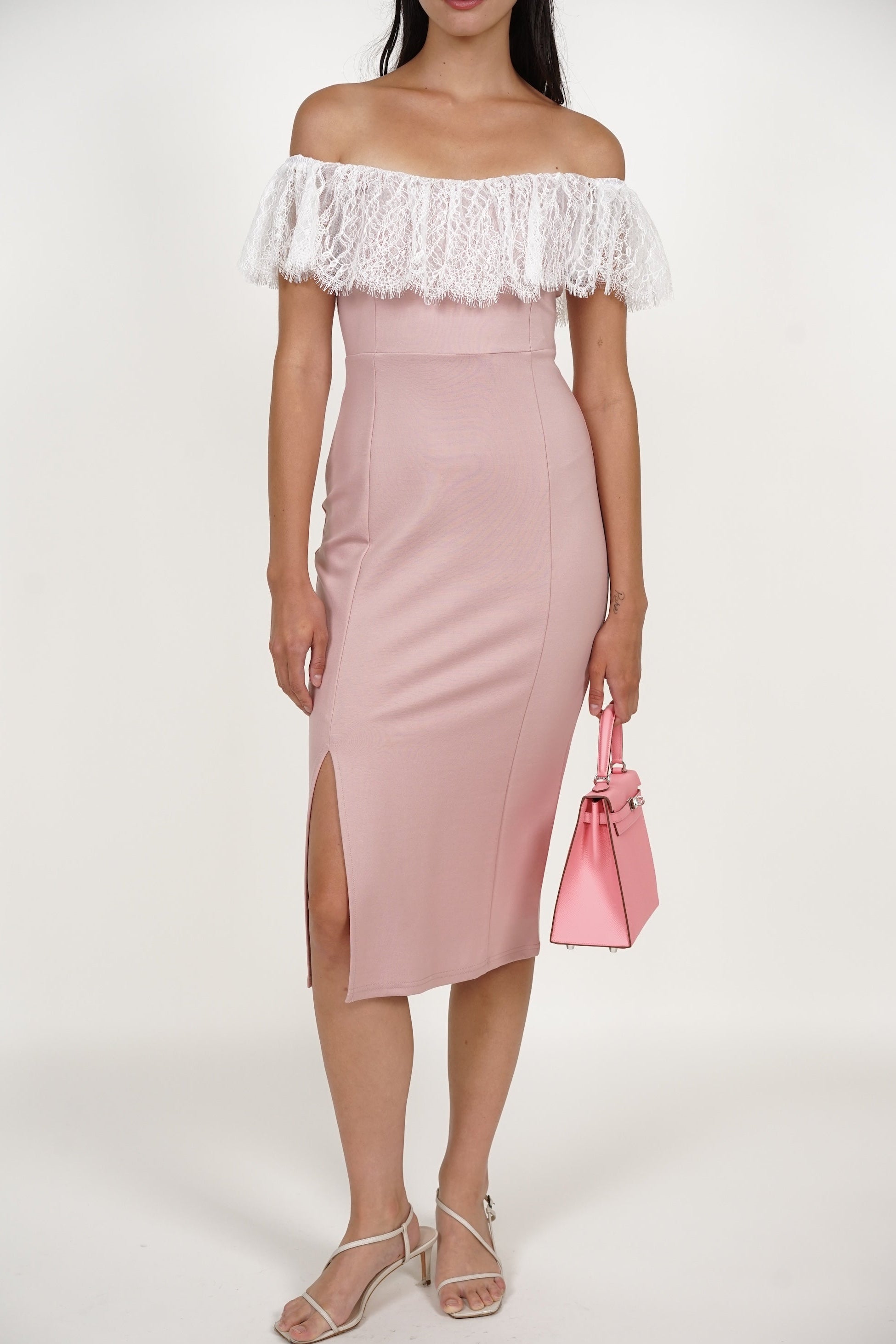 COMING SOON - Off-Shoulder Dress in Pink White Lace