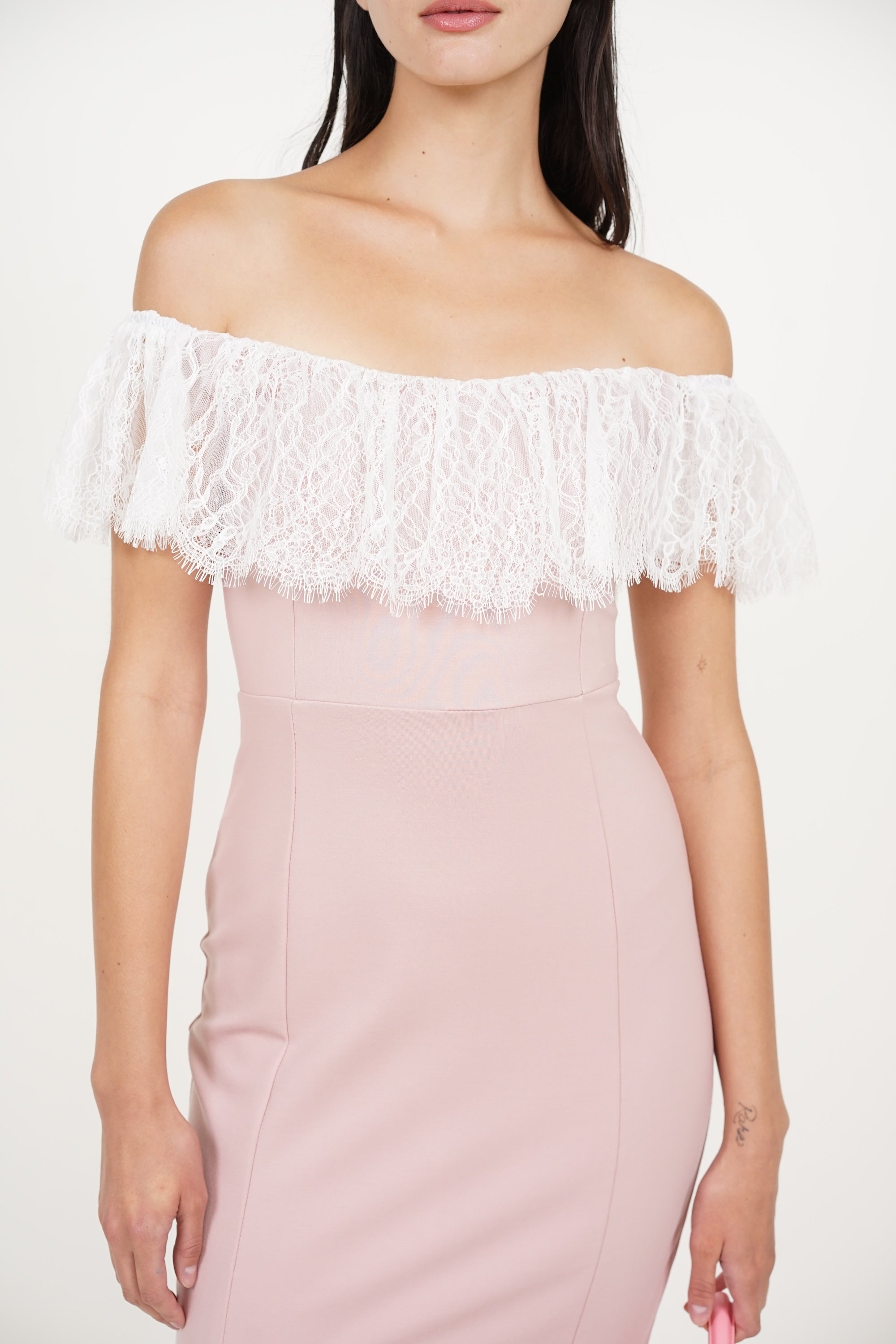COMING SOON - Off-Shoulder Dress in Pink White Lace