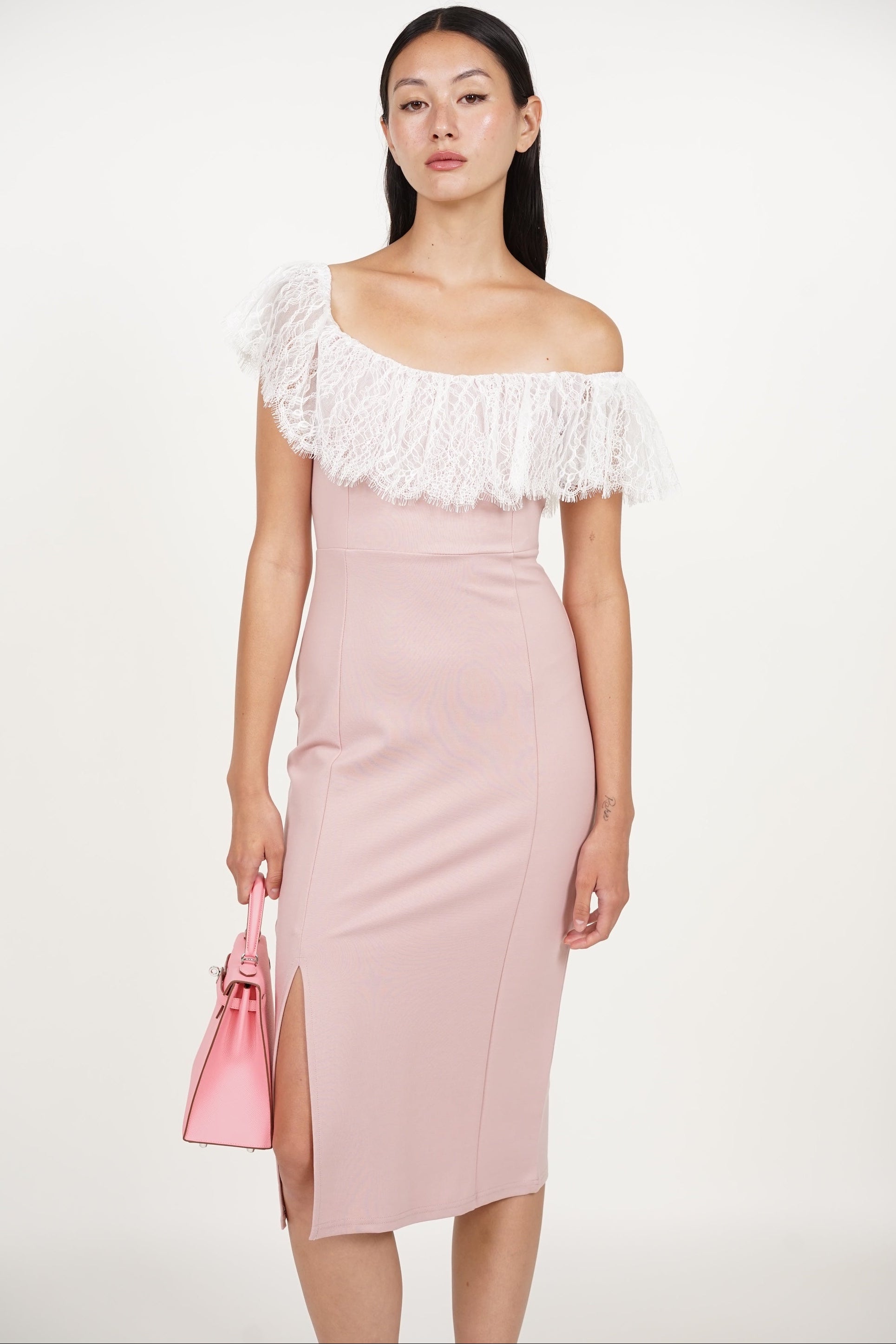COMING SOON - Off-Shoulder Dress in Pink White Lace