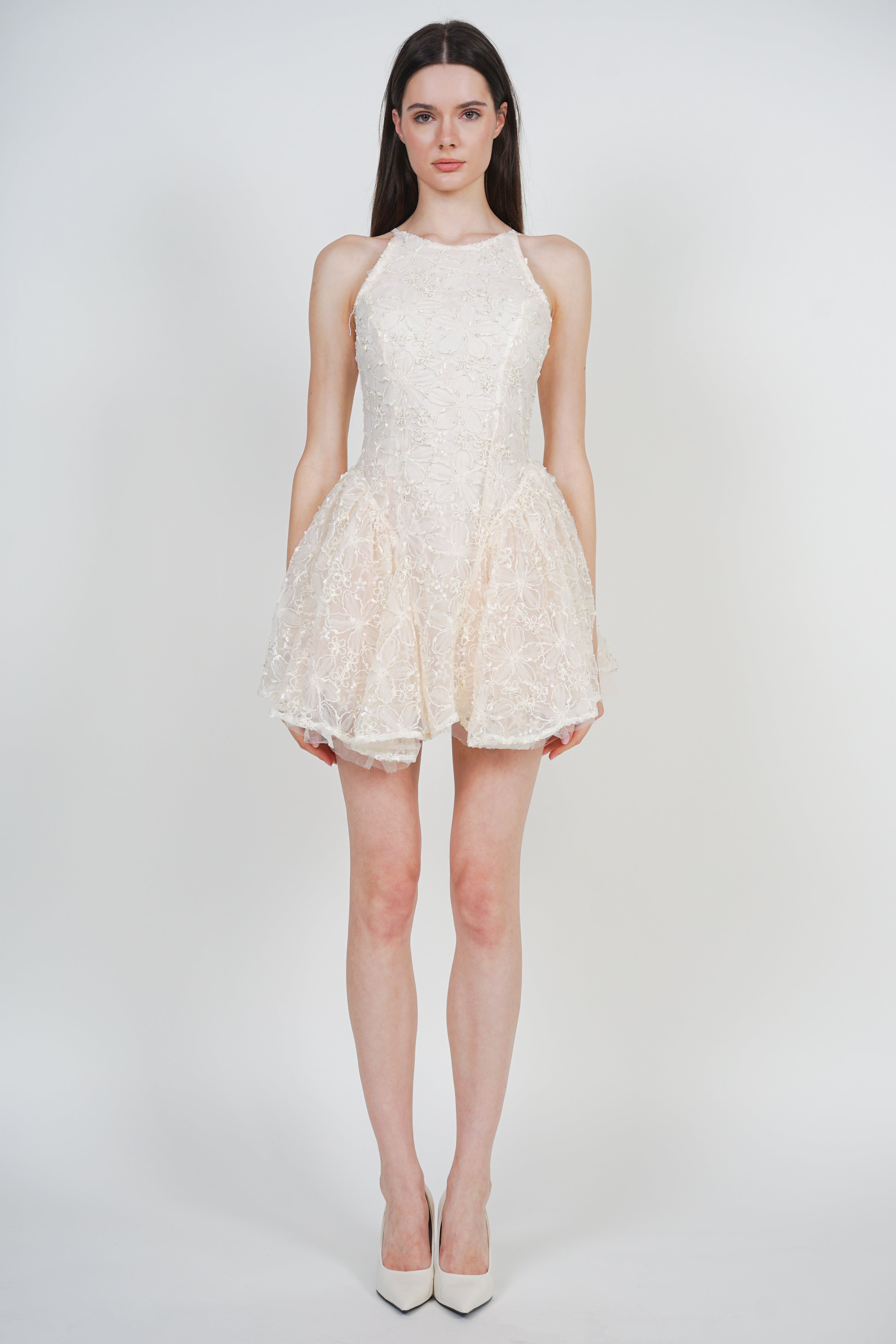 Sleeveless Side Pleated Lace Mini Dress in Apricot
