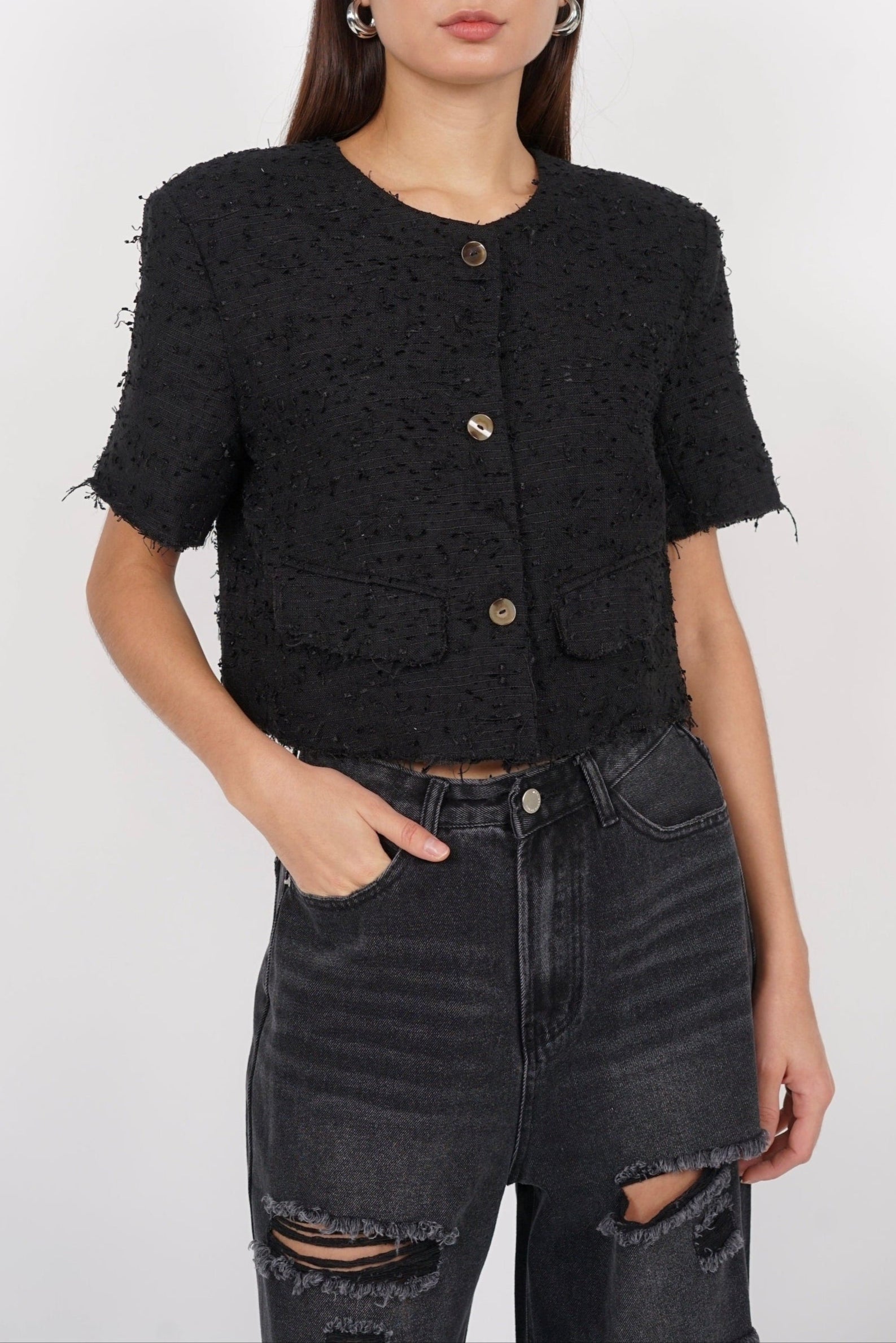 Short Sleeve Tweed Button Top in Black