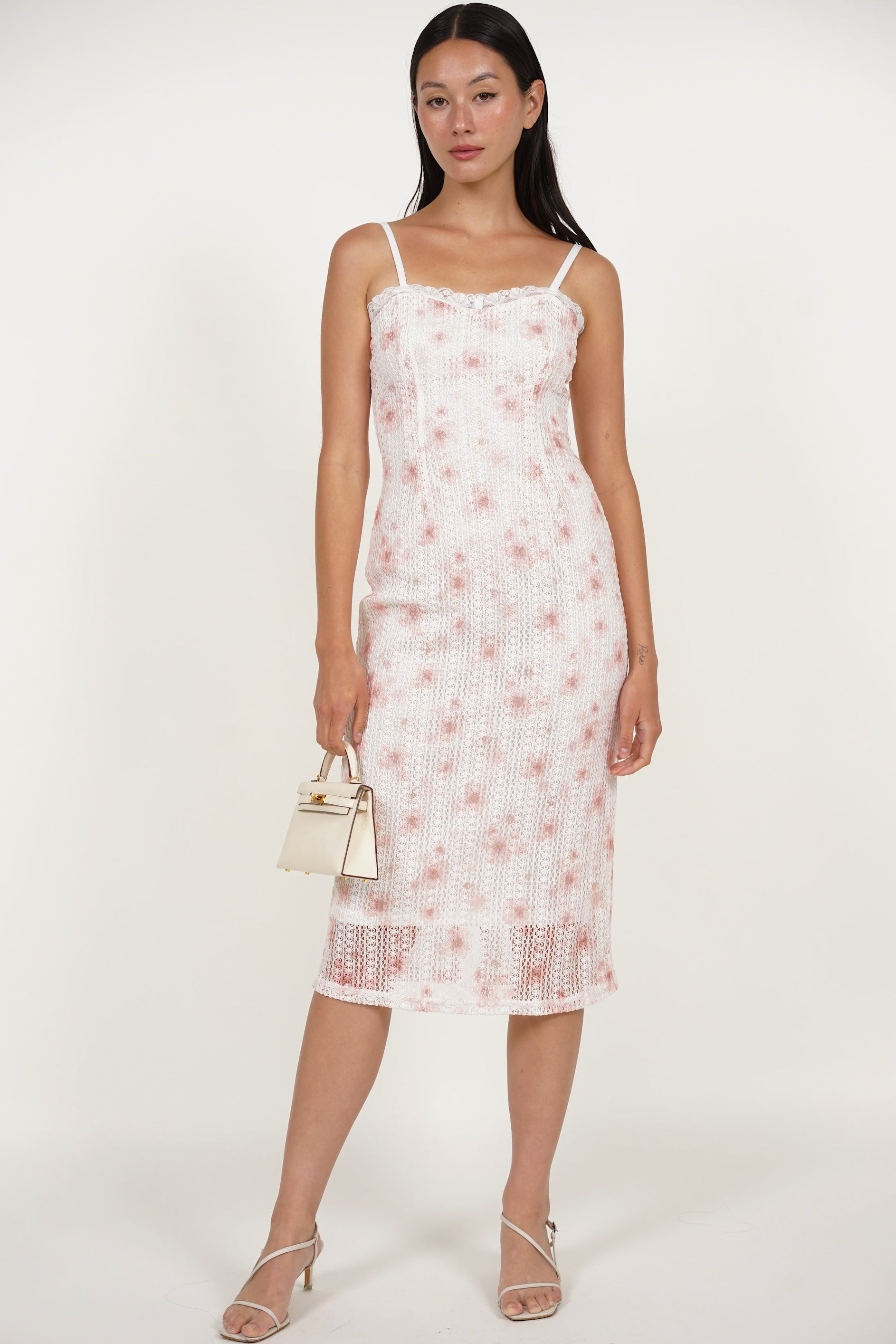 Midi Column Dress in Pink Lace
