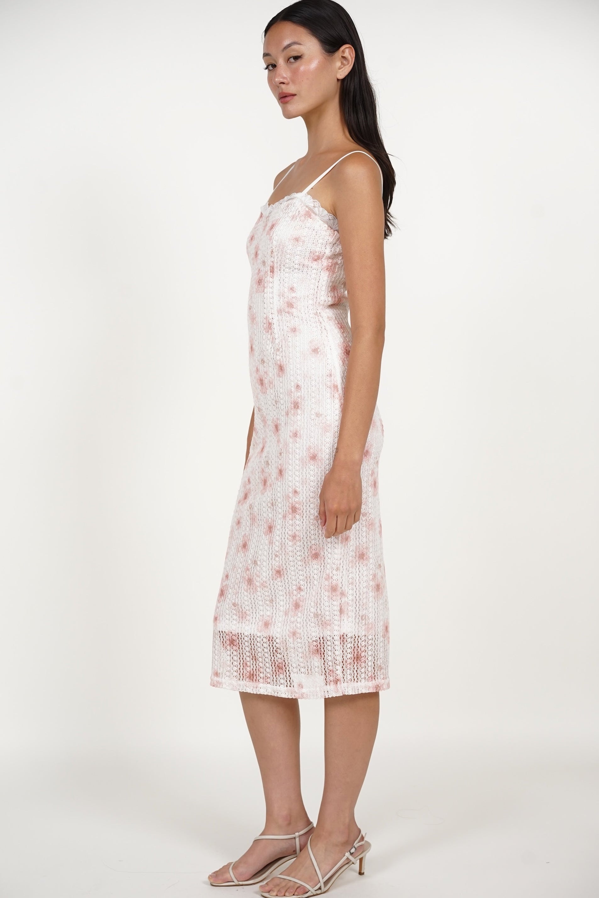 Midi Column Dress in Pink Lace