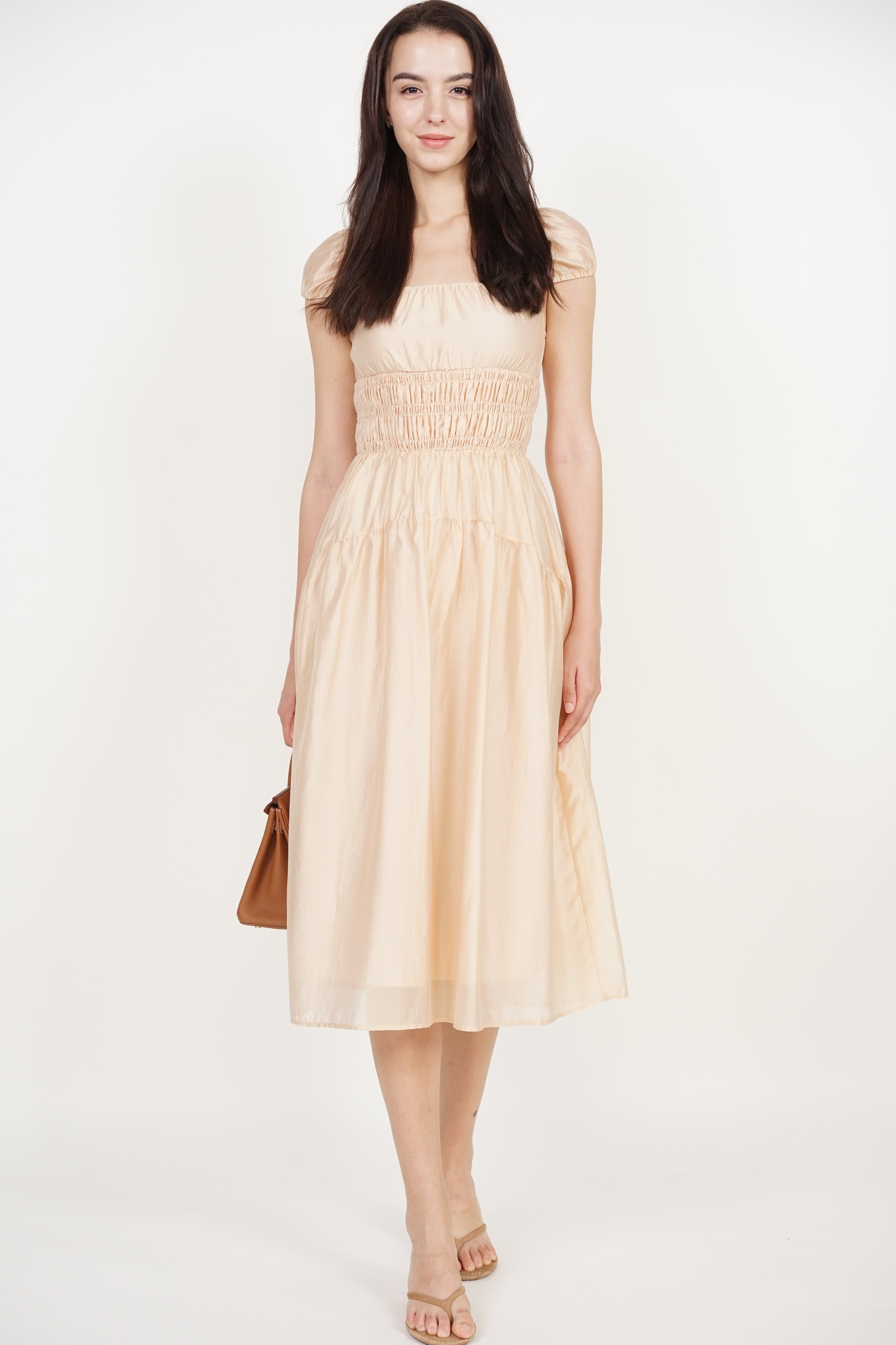 Short Sleeve Smocked Flare Dress in Light Apricot