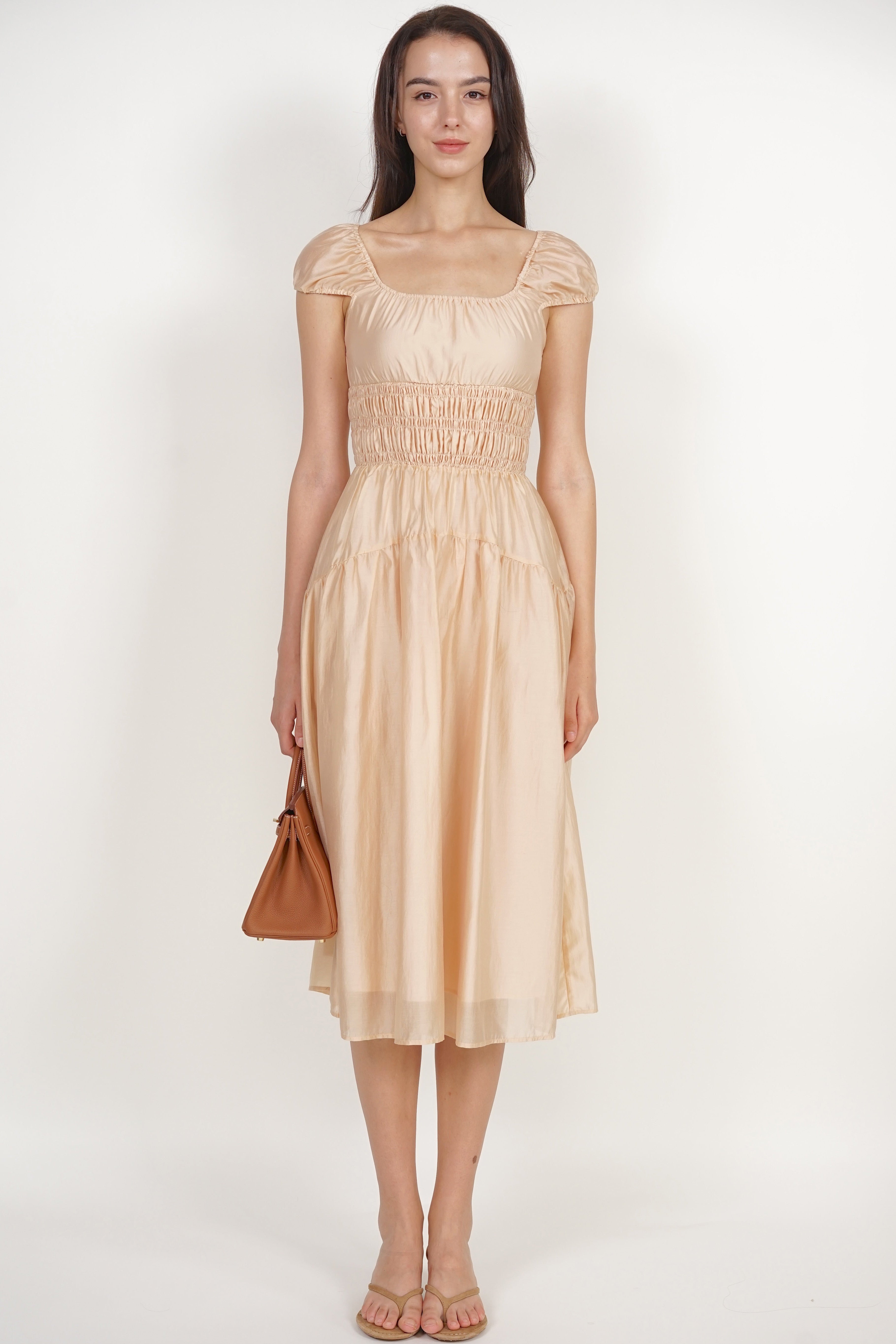 Short Sleeve Smocked Flare Dress in Light Apricot