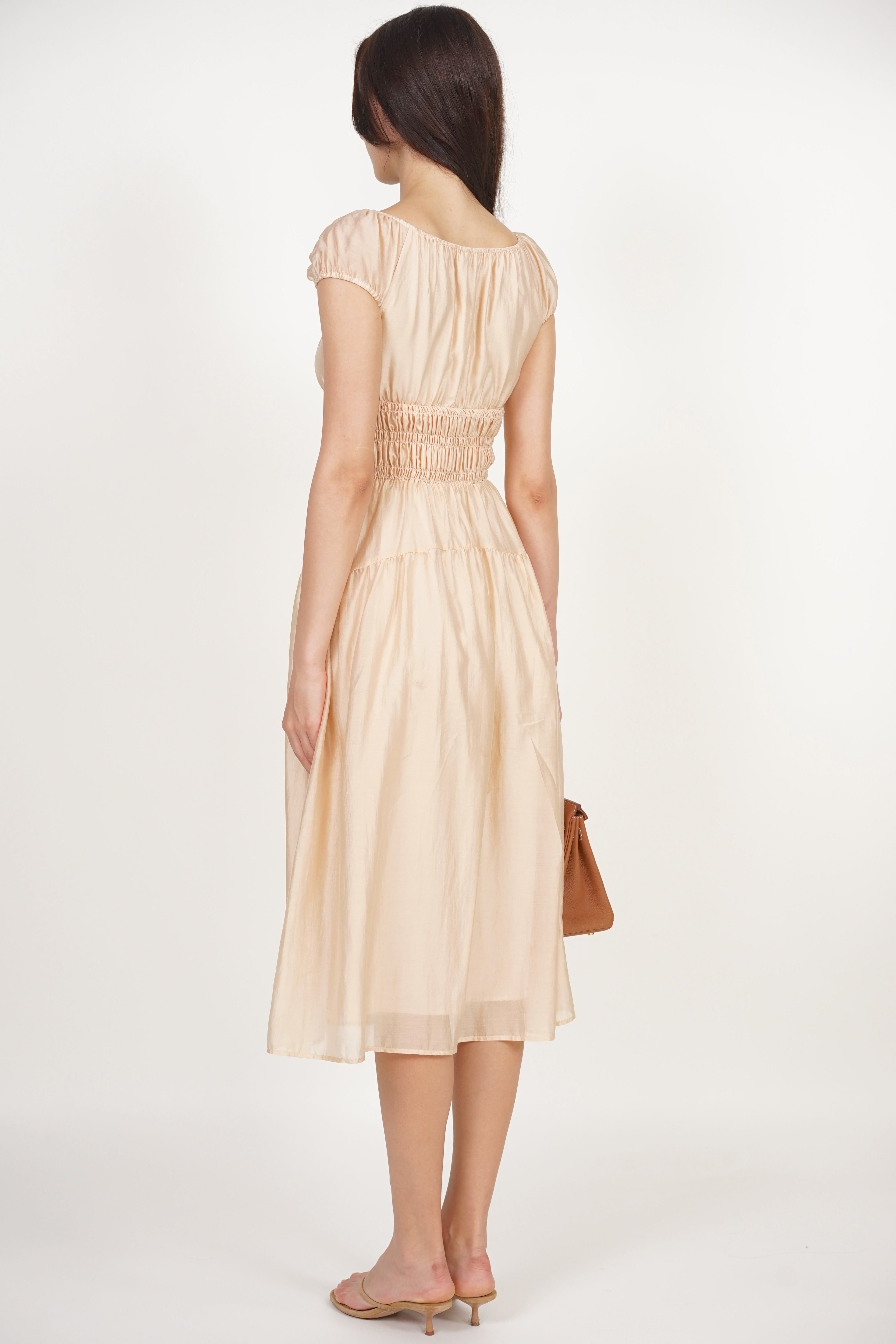 Short Sleeve Smocked Flare Dress in Light Apricot Short Sleeve Smocked Flare Dress in Light Apricot