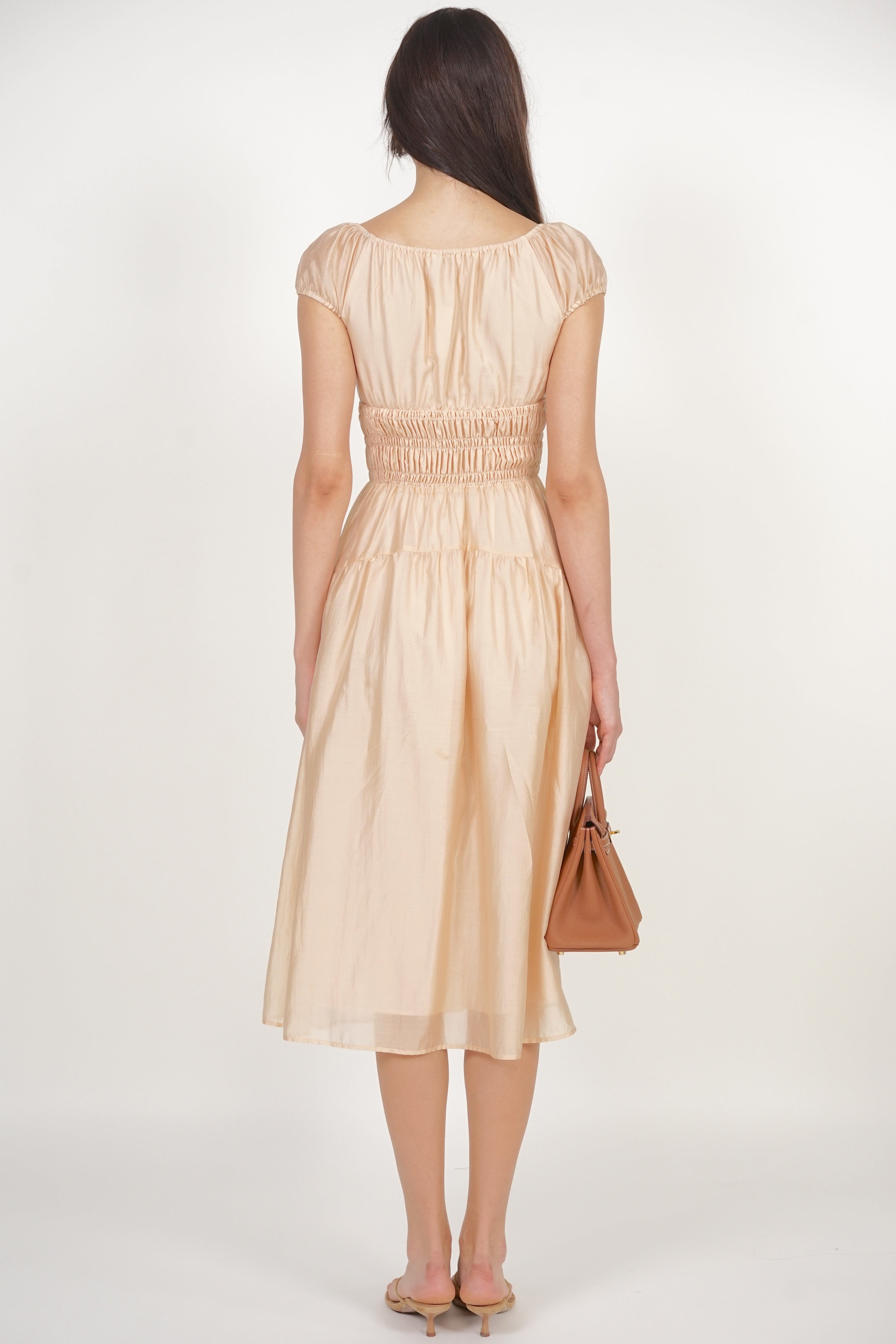 Short Sleeve Smocked Flare Dress in Light Apricot