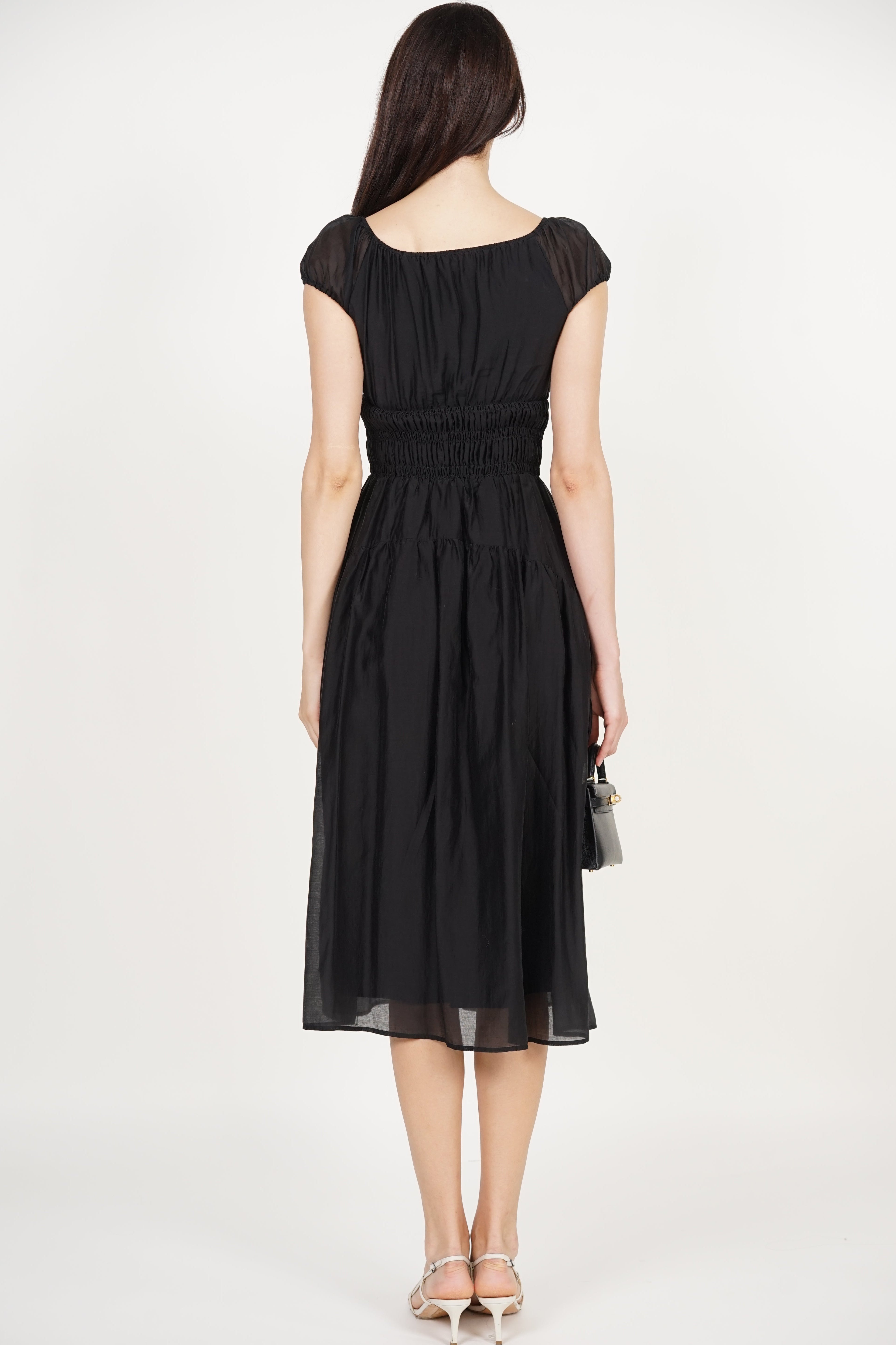 Short Sleeve Smocked Flare Dress in Black
