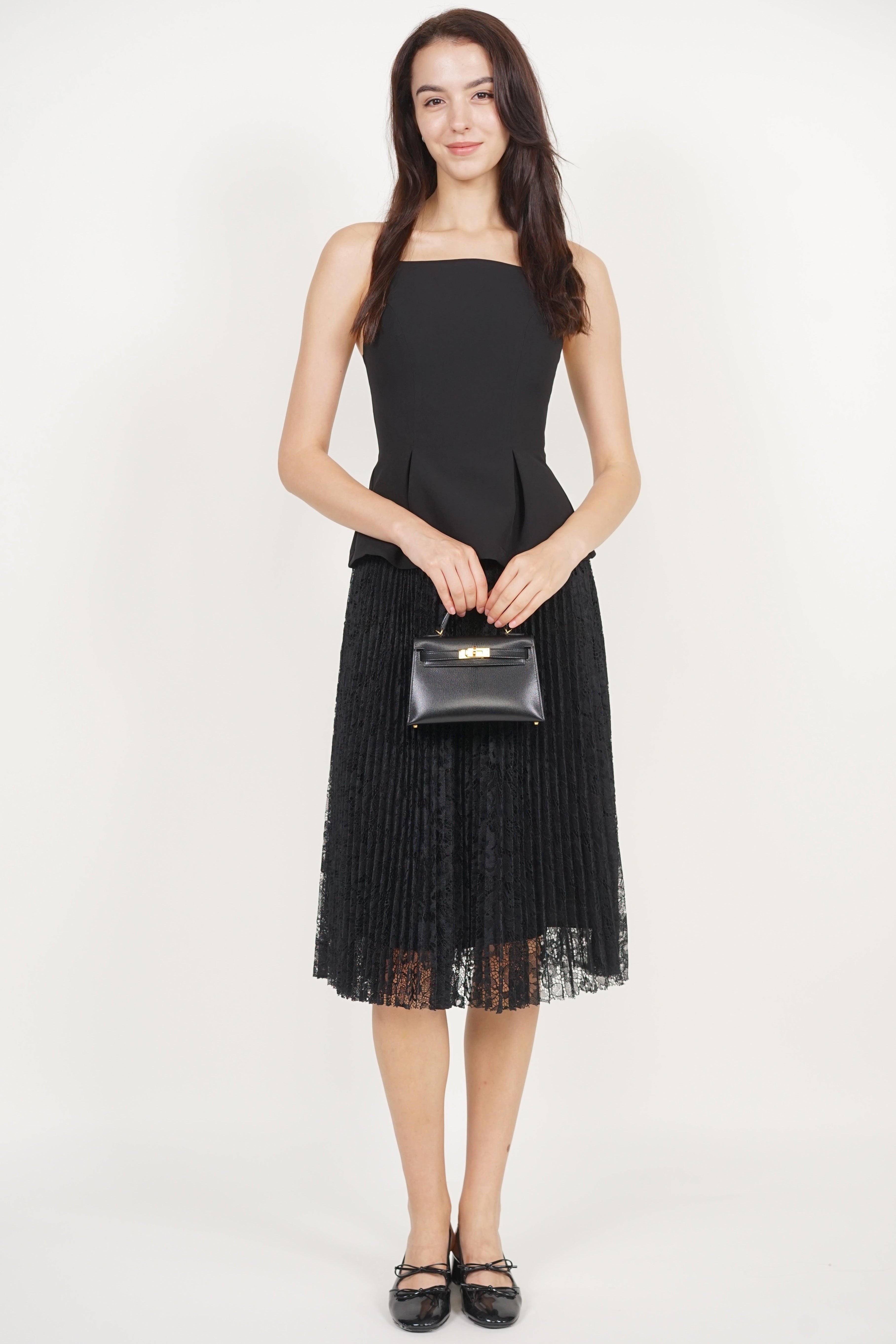 Peplum Pleated Lace Dress in Black