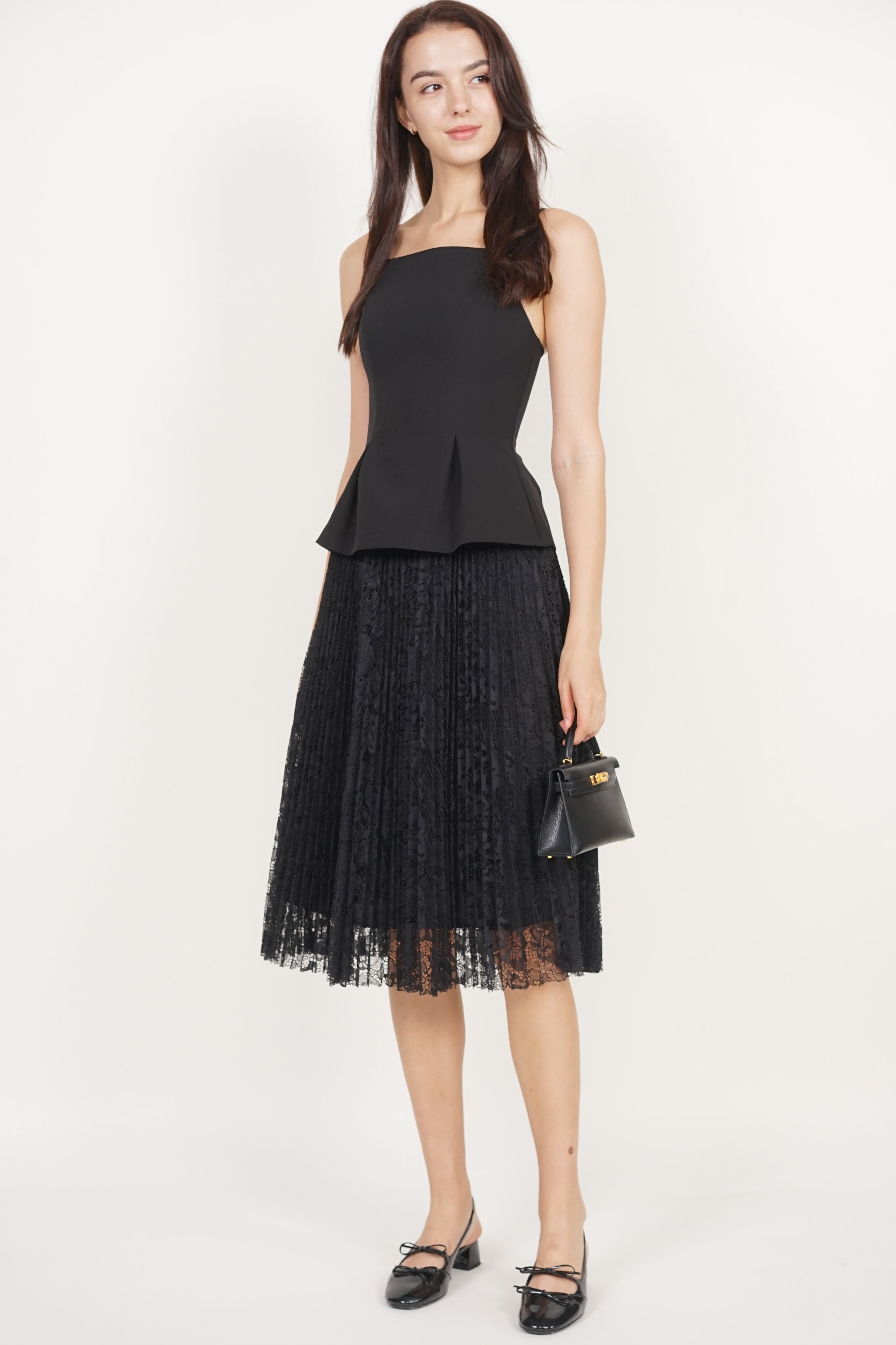Peplum Pleated Lace Dress in Black Peplum Pleated Lace Dress in Black