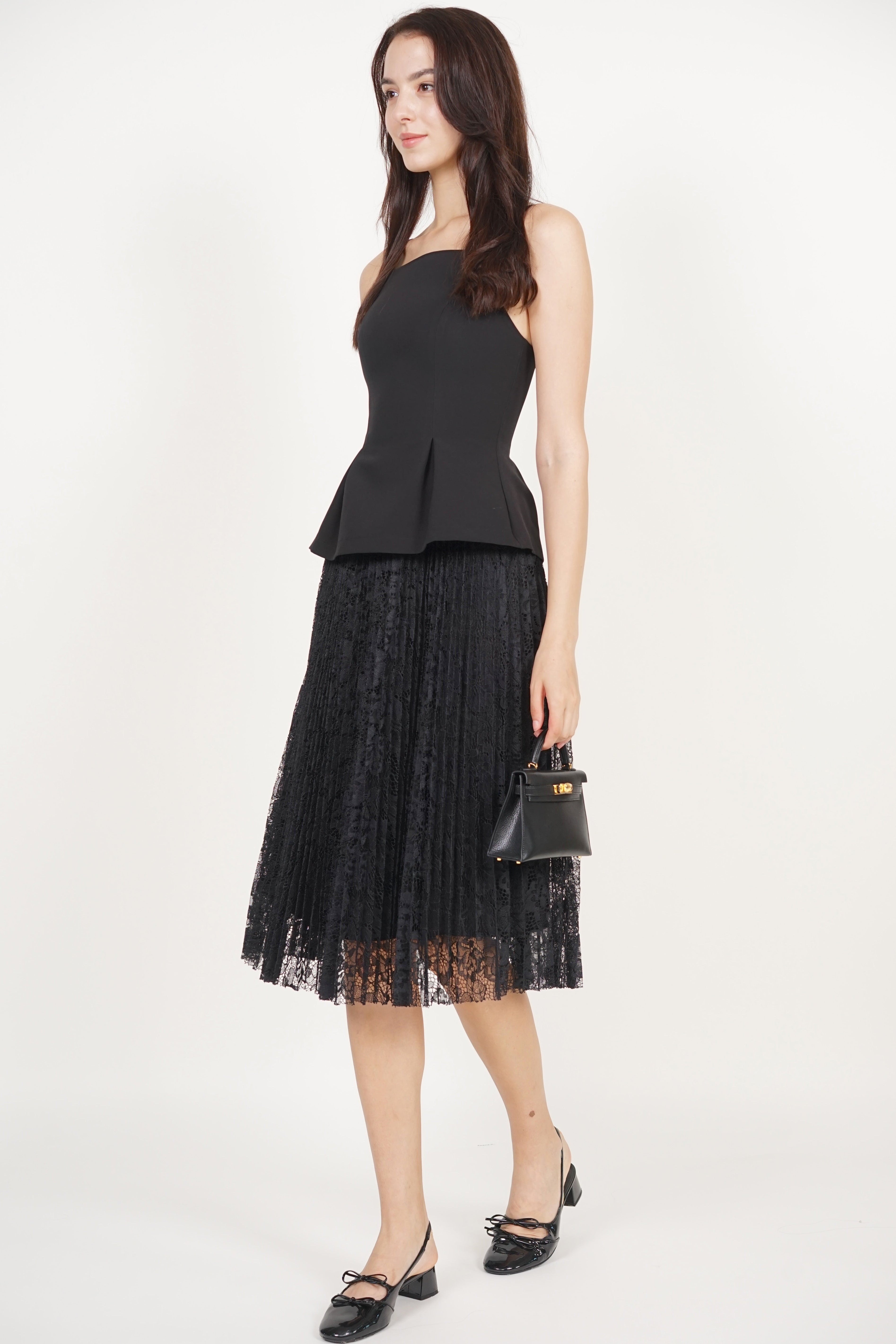 Peplum Pleated Lace Dress in Black