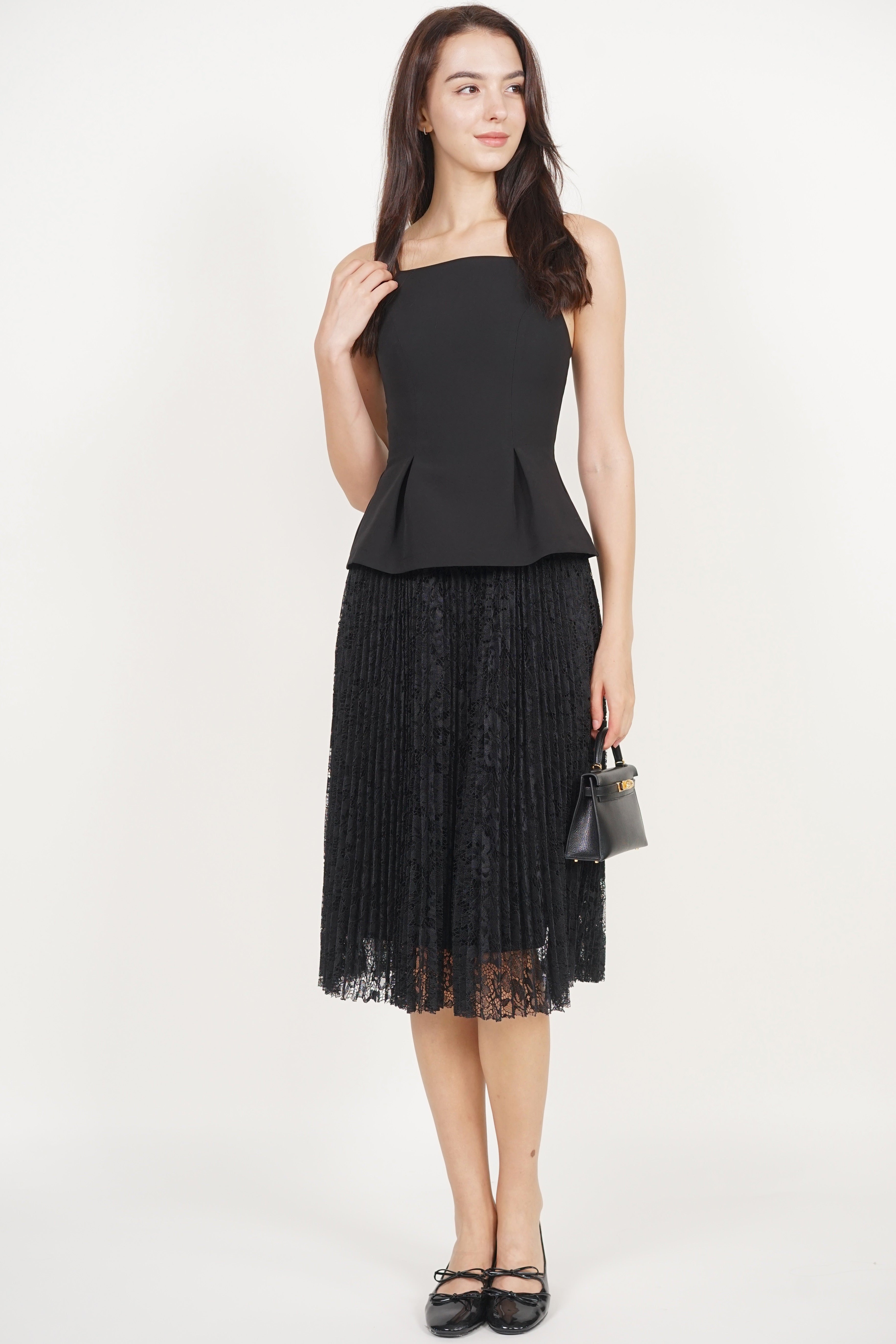 Peplum Pleated Lace Dress in Black