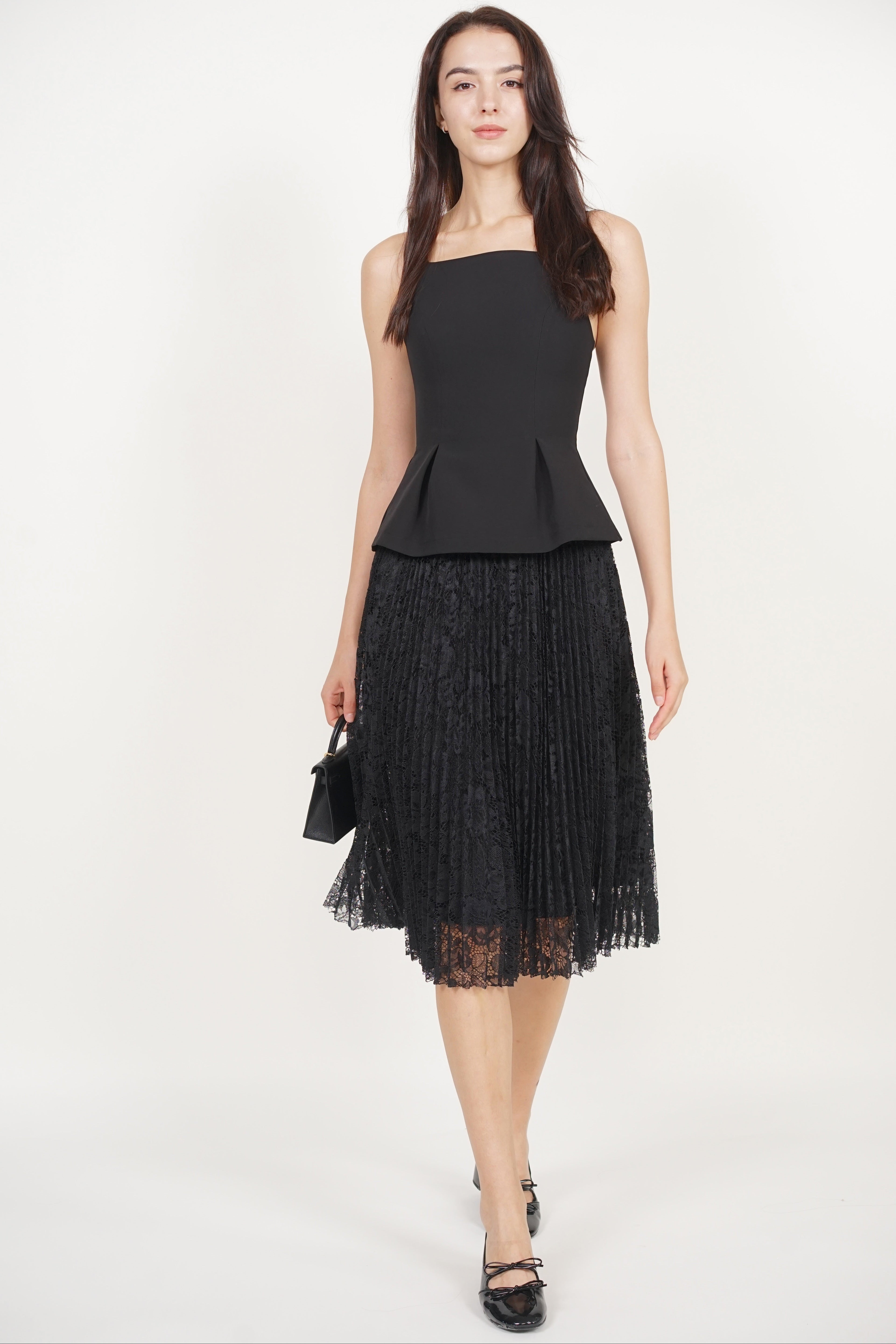 Peplum Pleated Lace Dress in Black