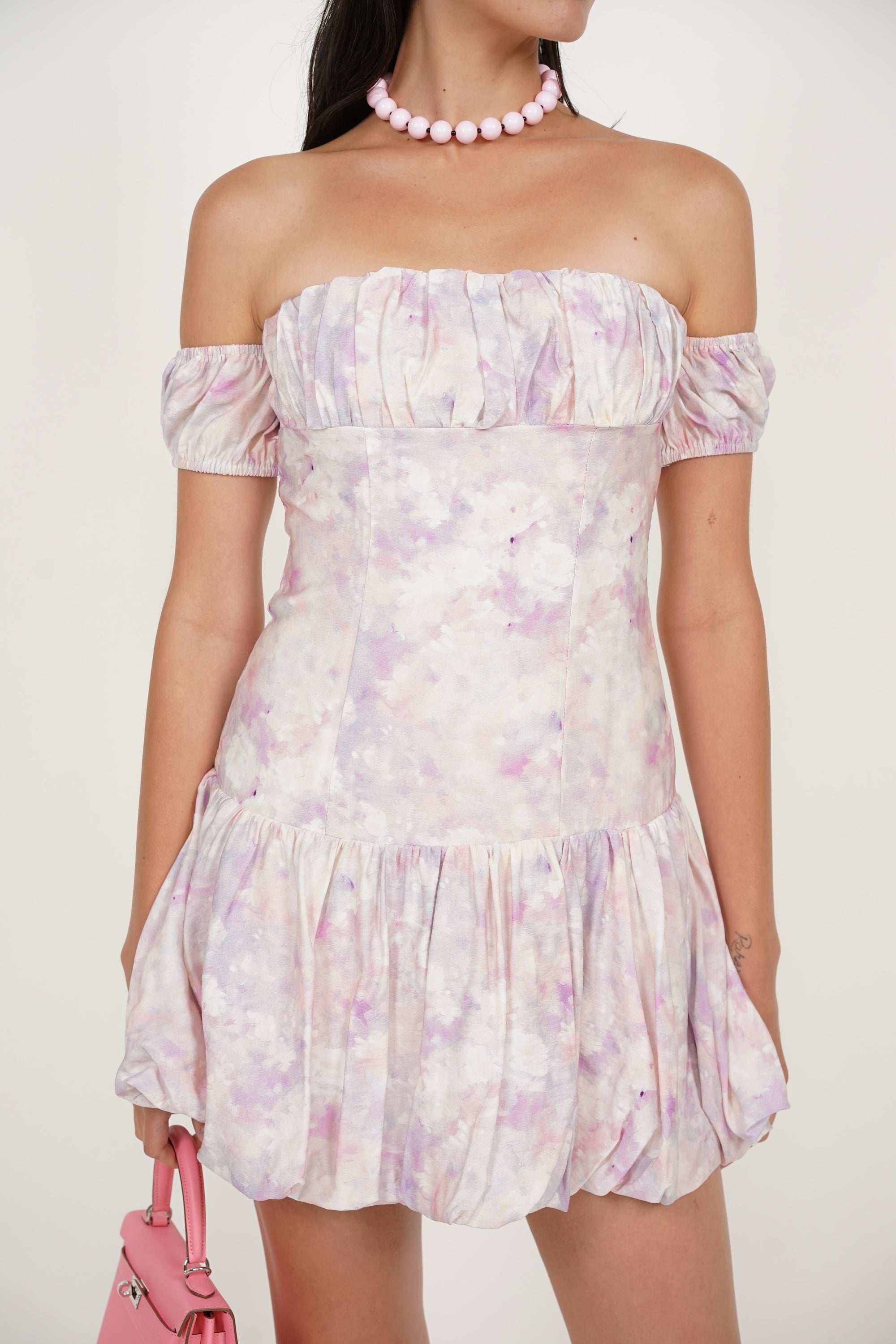 Off-Shoulder Bubble Dress in Purple Pink