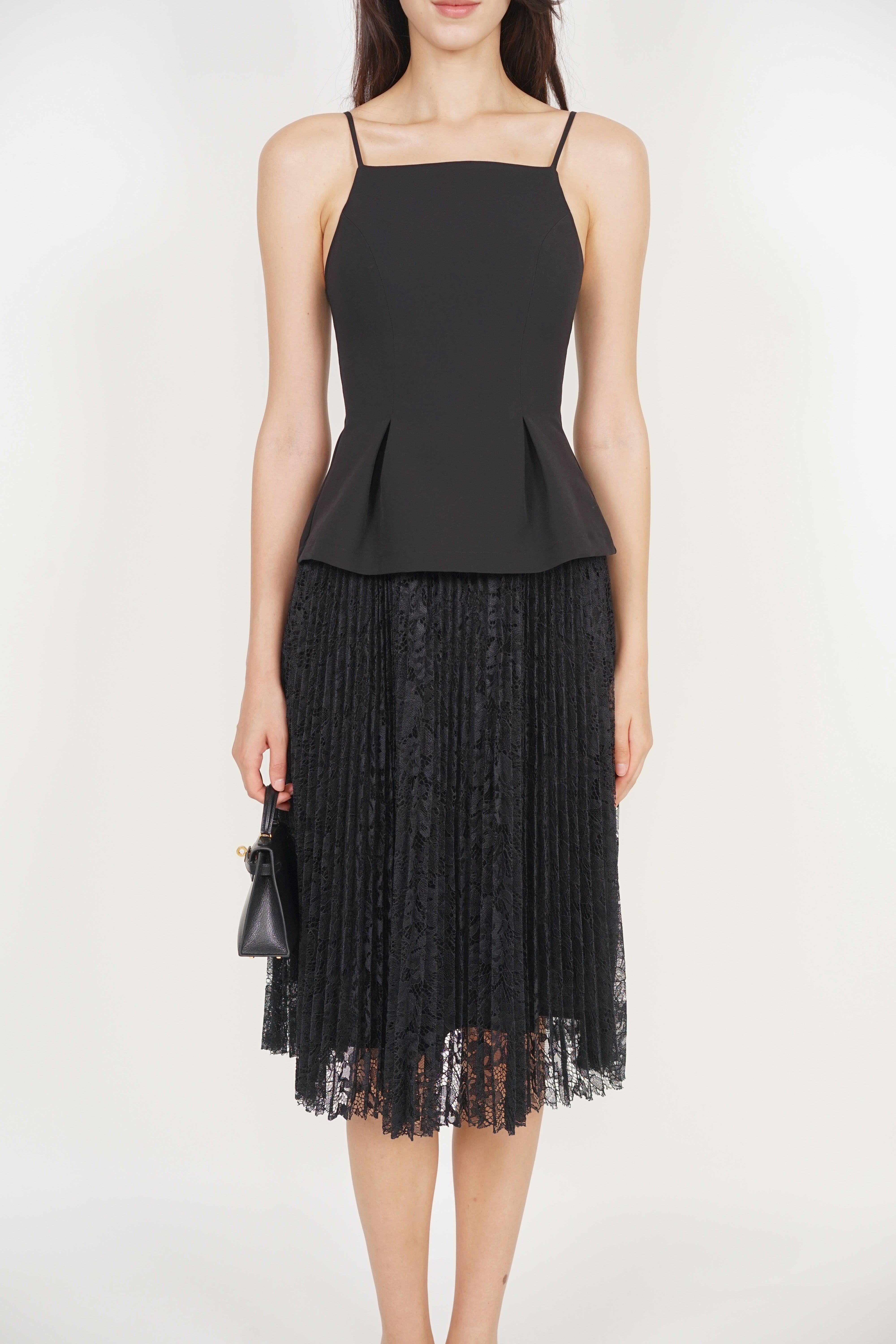 Peplum Pleated Lace Dress in Black